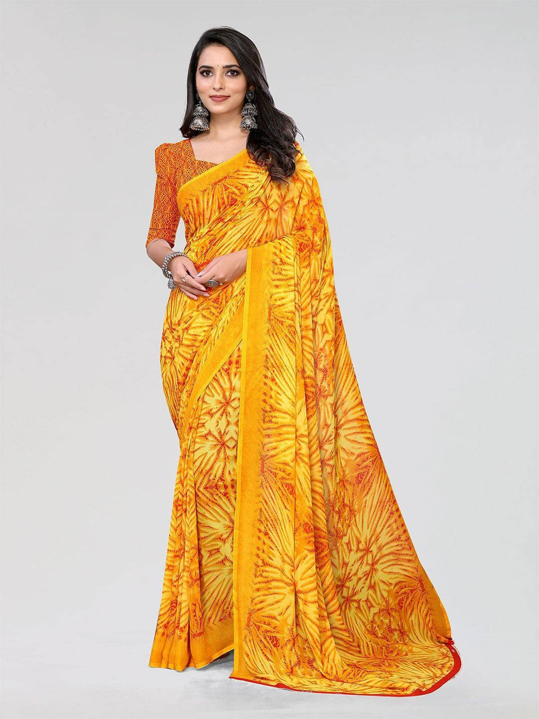 ANAND SAREES Georgette Printed Saree With Unstitched Blouse Piece ( Yellow ) ANAND SAREES Georgette Printed Saree With Unstitched Blouse Piece ( Yellow )