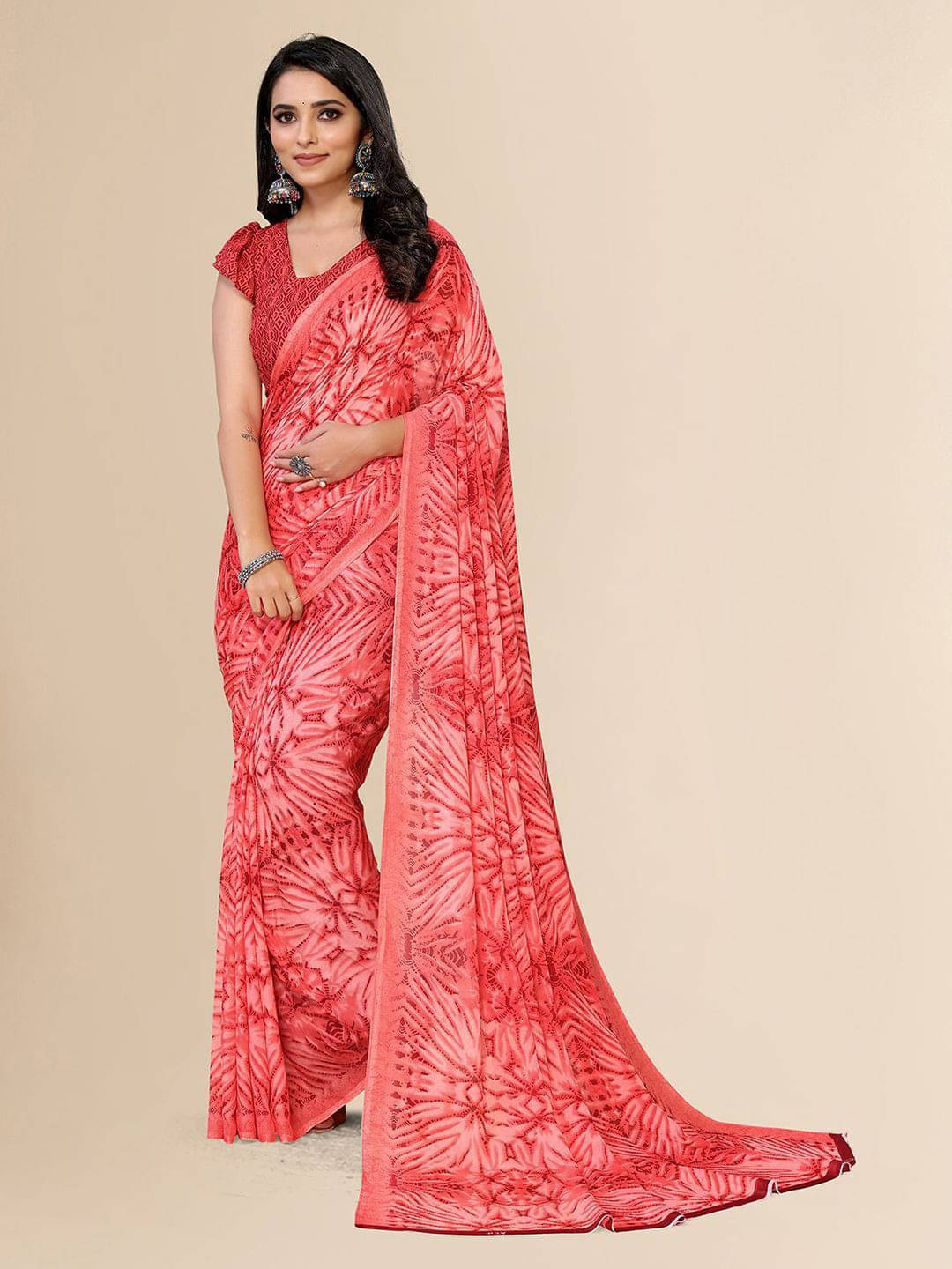 ANAND SAREES Georgette Printed Saree With Unstitched Blouse Piece ( Red ) ANAND SAREES Georgette Printed Saree With Unstitched Blouse Piece ( Red )