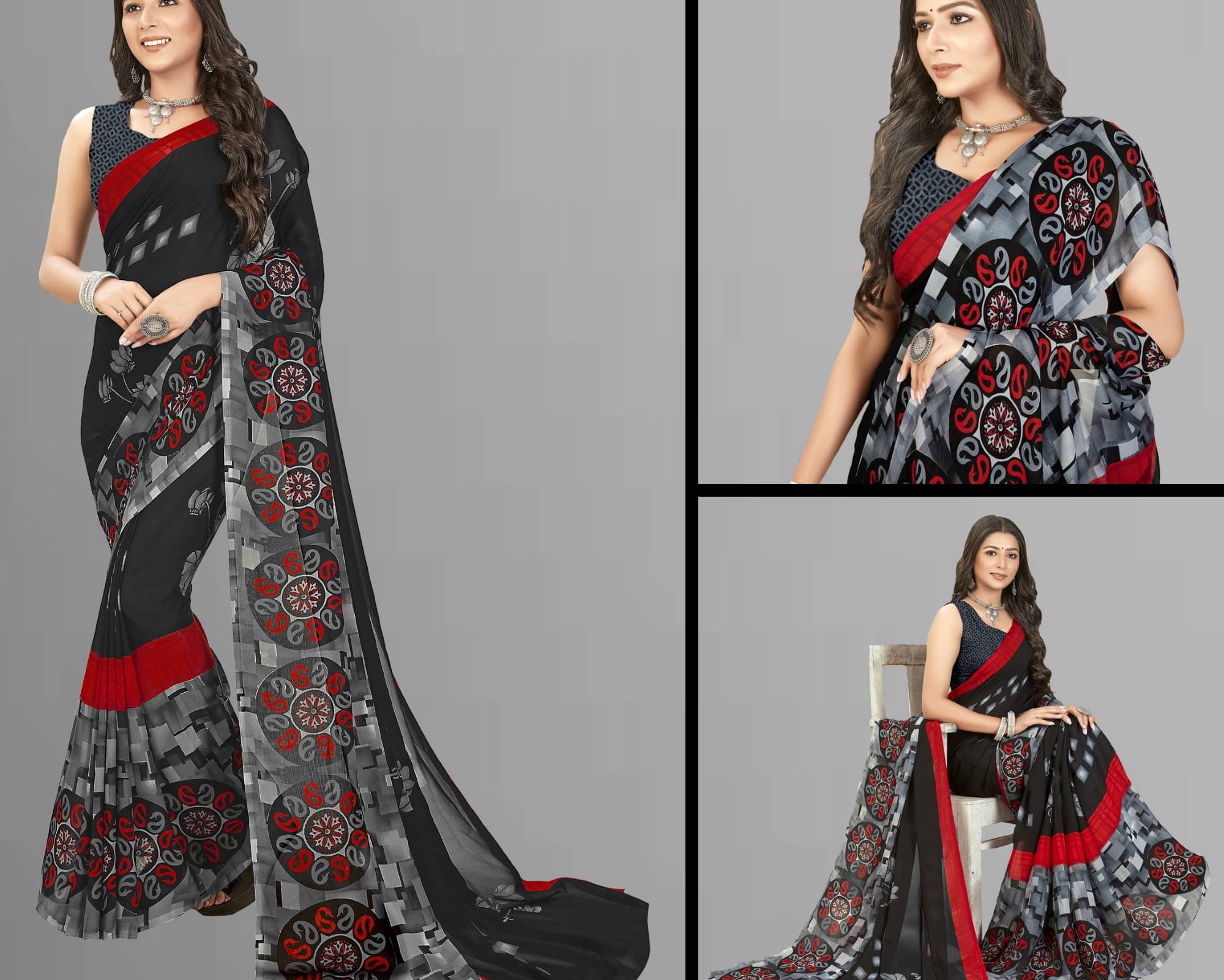 ANAND SAREES Georgette Printed Saree With Unstitched Blouse Piece ( Black ) ANAND SAREES Georgette Printed Saree With Unstitched Blouse Piece ( Black )
