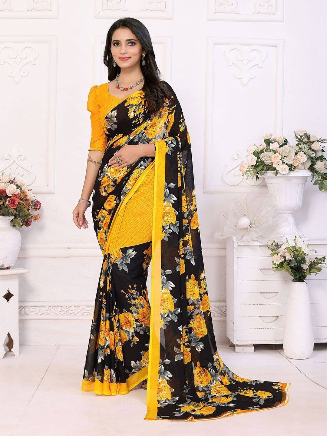 ANAND SAREES Georgette Printed Saree With Unstitched Blouse Piece ( Yellow ) ANAND SAREES Georgette Printed Saree With Unstitched Blouse Piece ( Yellow )