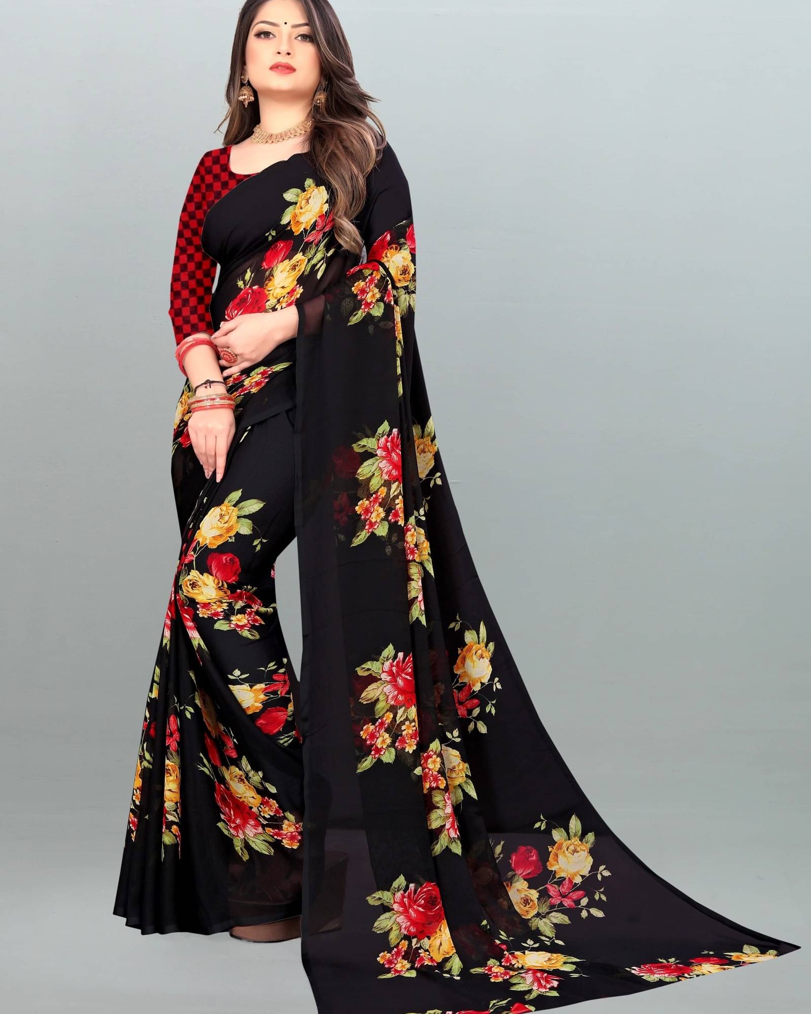     			ANAND SAREES Georgette Printed Saree With Unstitched Blouse Piece ( Black )