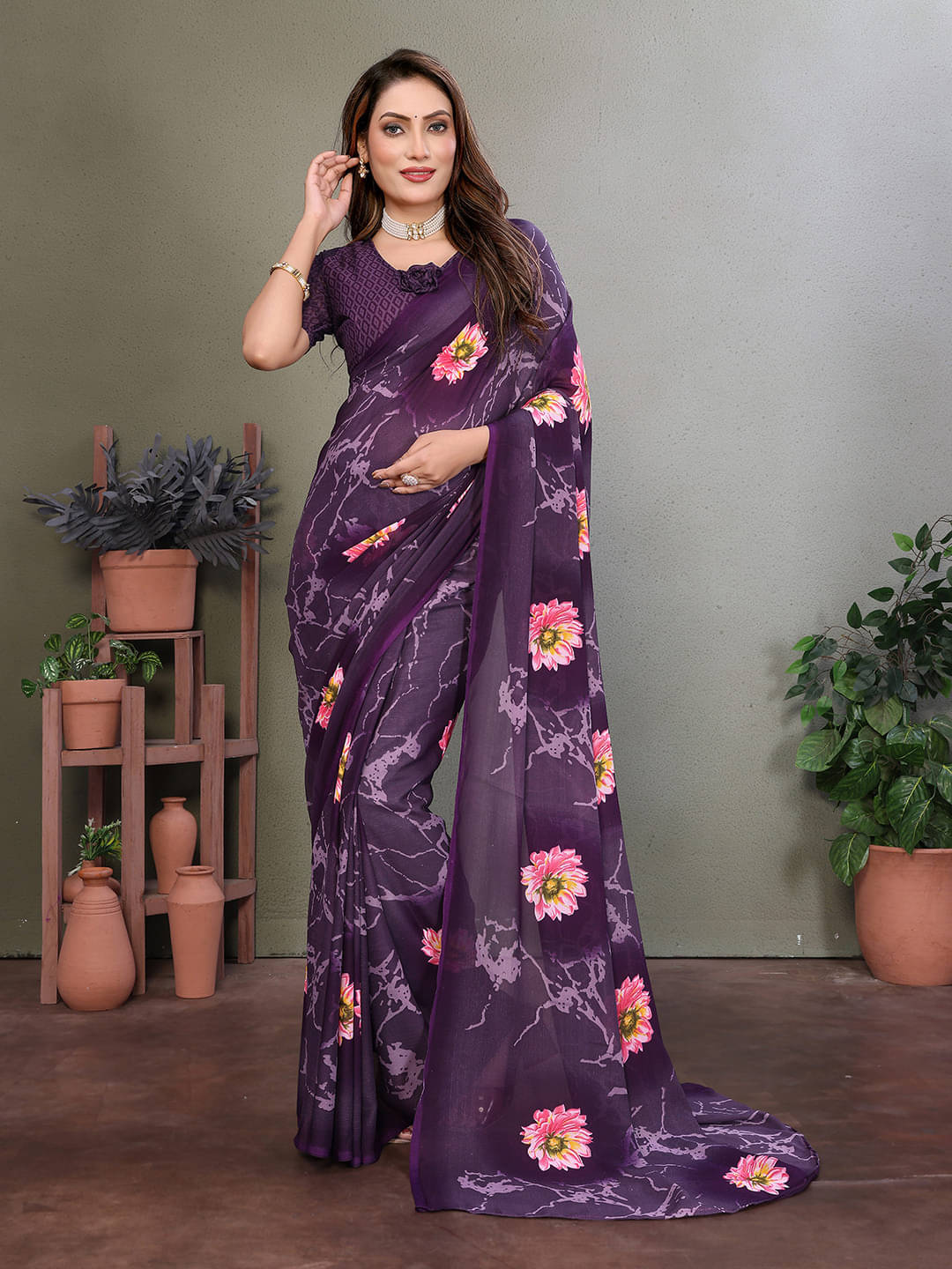     			ANAND SAREES Georgette Printed Saree With Unstitched Blouse Piece ( Purple )
