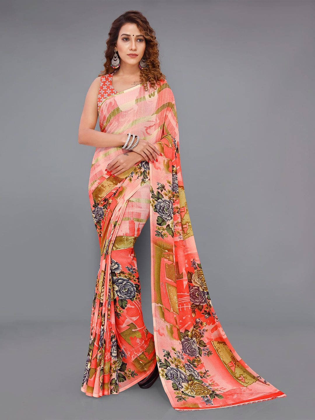 ANAND SAREES Georgette Printed Saree With Unstitched Blouse Piece ( Pink ) ANAND SAREES Georgette Printed Saree With Unstitched Blouse Piece ( Pink )