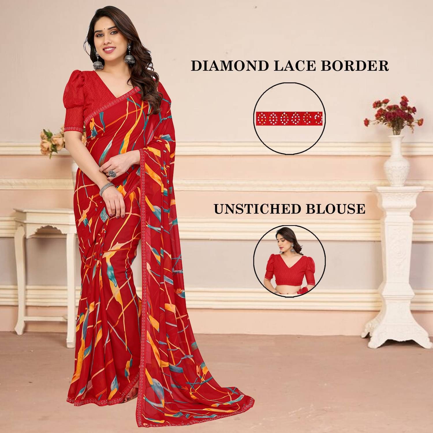 ANAND SAREES Georgette Printed Saree With Unstitched Blouse Piece ( Red ) ANAND SAREES Georgette Printed Saree With Unstitched Blouse Piece ( Red )