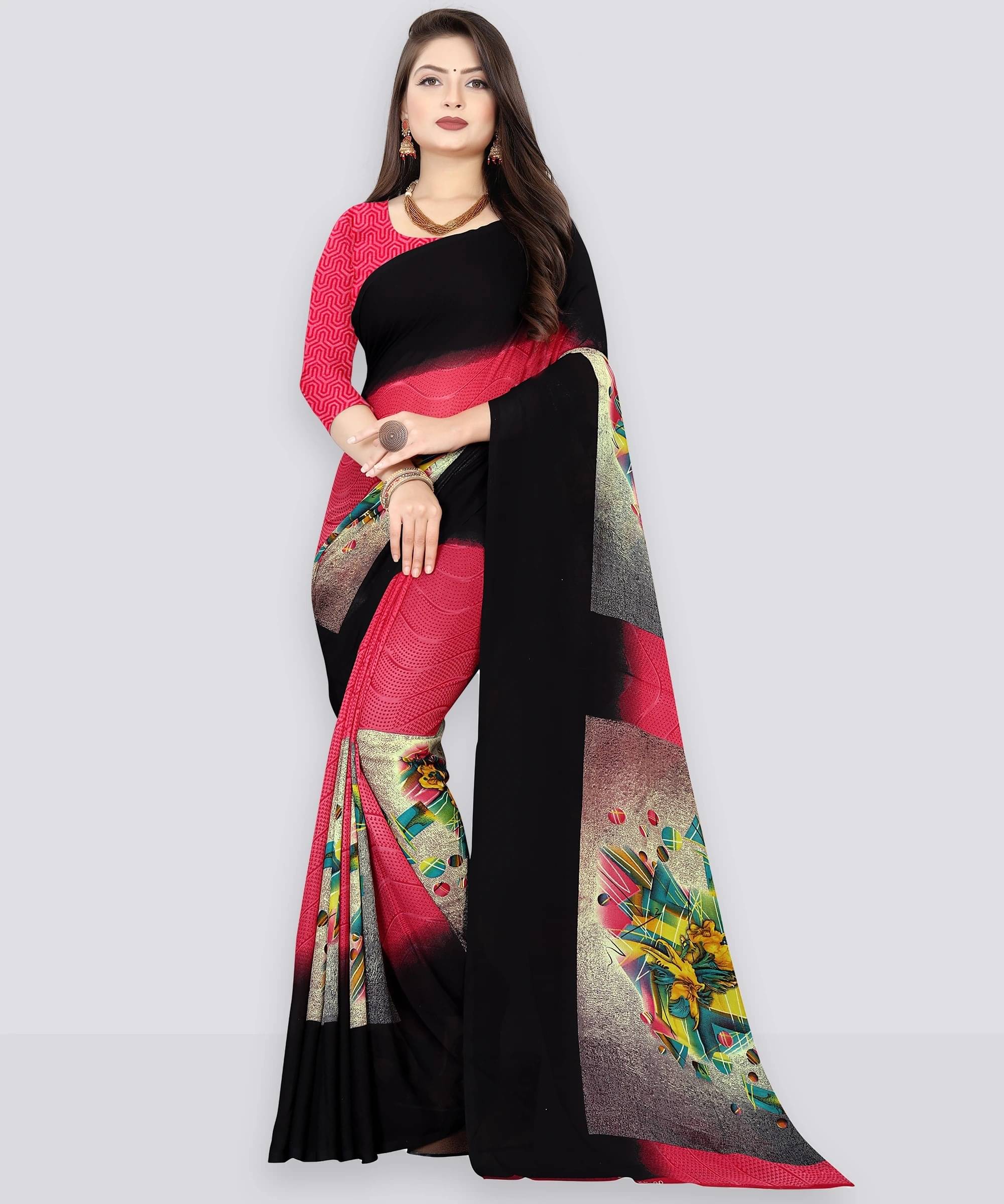 ANAND SAREES Georgette Printed Saree With Unstitched Blouse Piece ( Pink ) ANAND SAREES Georgette Printed Saree With Unstitched Blouse Piece ( Pink )