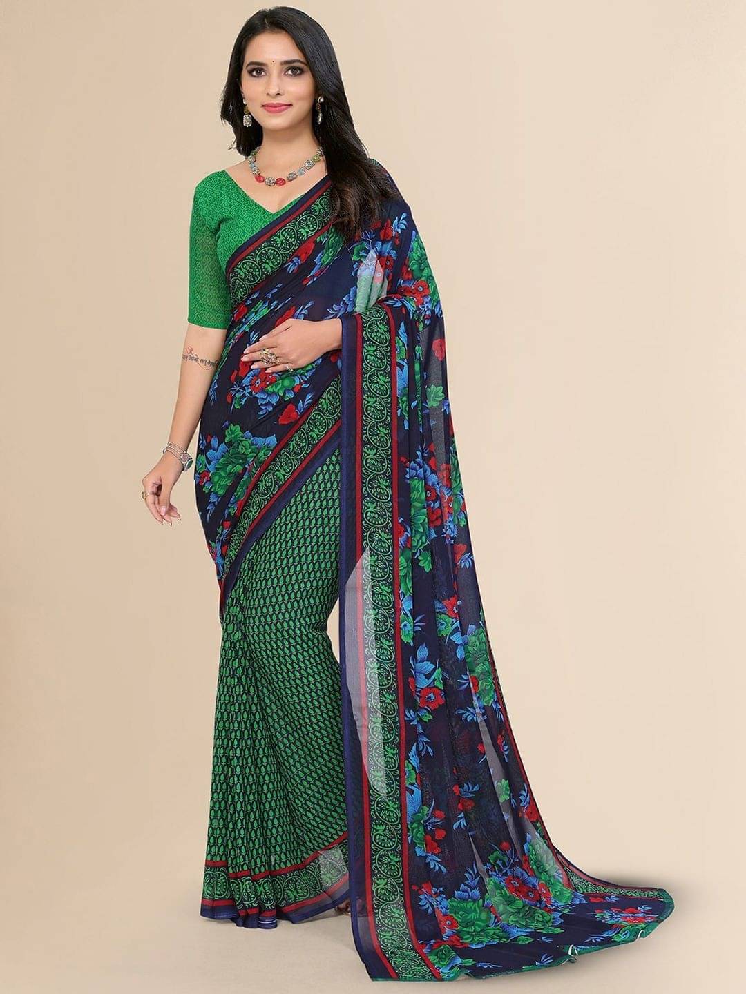     			ANAND SAREES Georgette Printed Saree With Unstitched Blouse Piece ( Green )