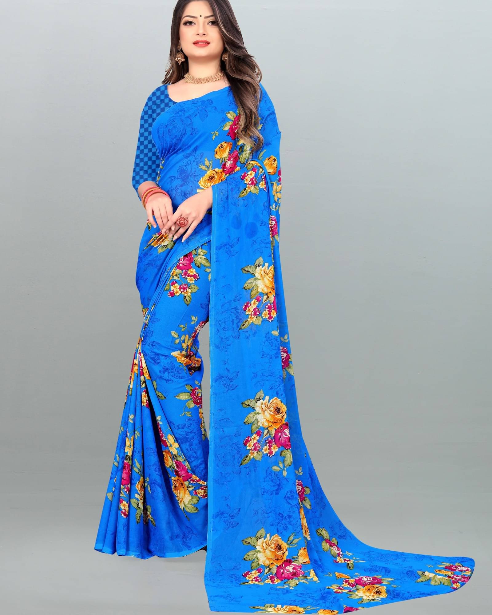     			ANAND SAREES Georgette Printed Saree With Unstitched Blouse Piece ( Light Blue )