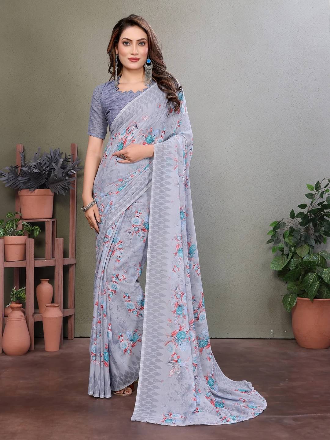 ANAND SAREES Georgette Printed Saree With Unstitched Blouse Piece ( Grey ) ANAND SAREES Georgette Printed Saree With Unstitched Blouse Piece ( Grey )