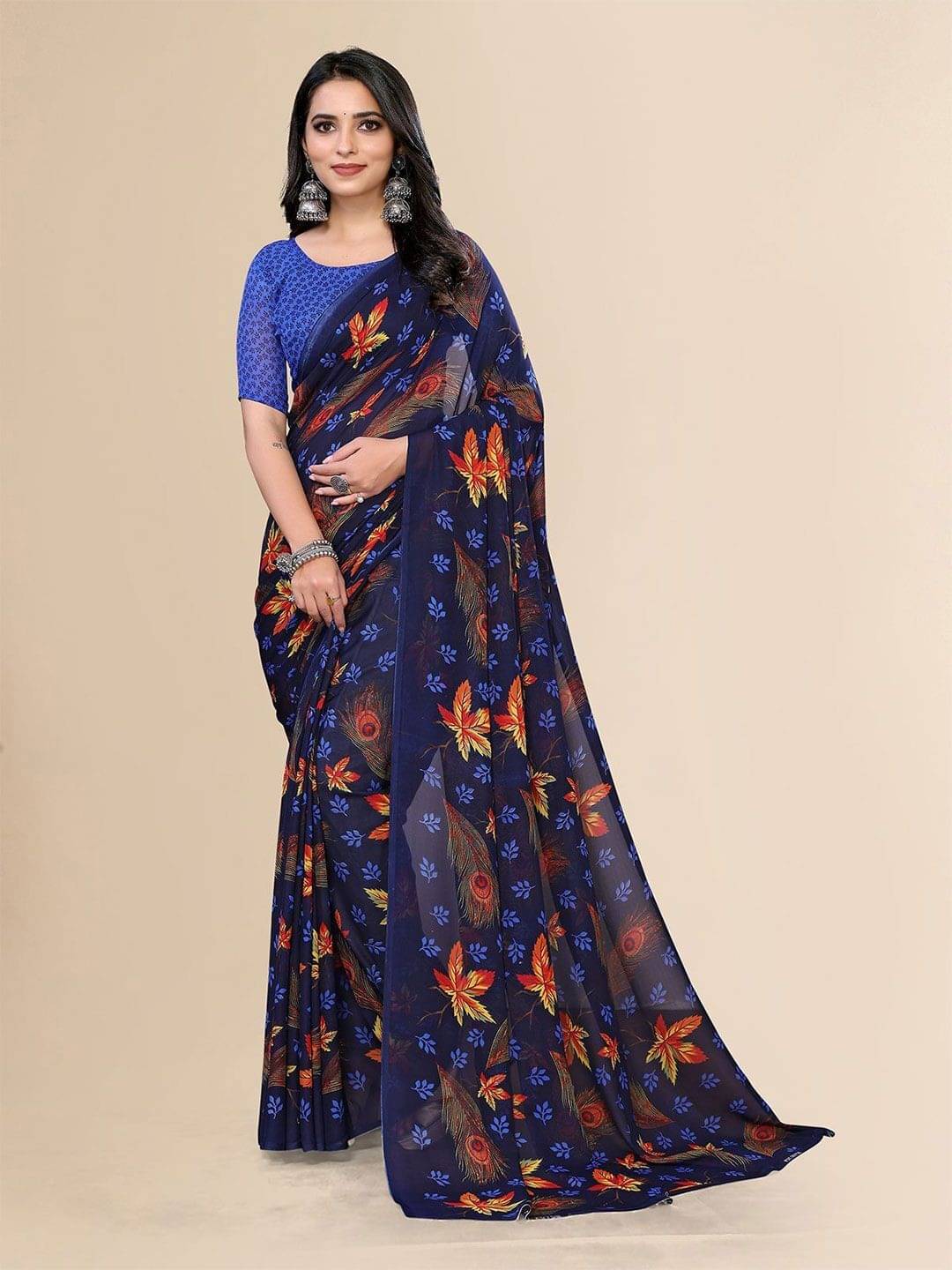 ANAND SAREES Georgette Printed Saree With Unstitched Blouse Piece ( Blue ) ANAND SAREES Georgette Printed Saree With Unstitched Blouse Piece ( Blue )