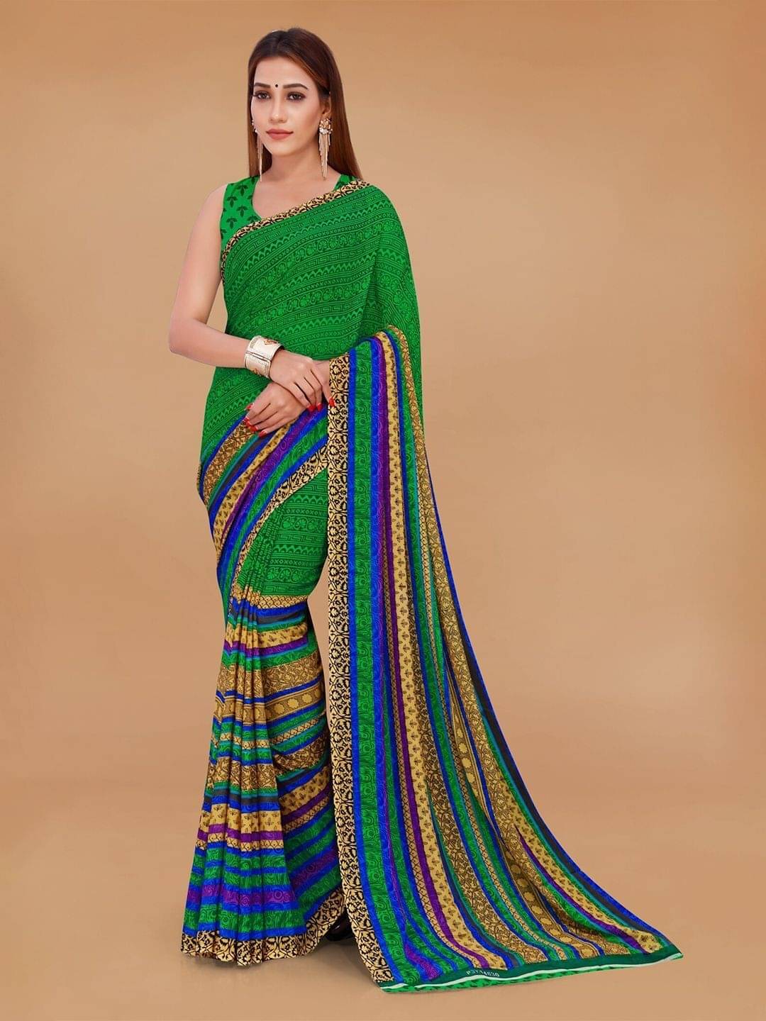     			ANAND SAREES Georgette Printed Saree With Unstitched Blouse Piece ( Green )