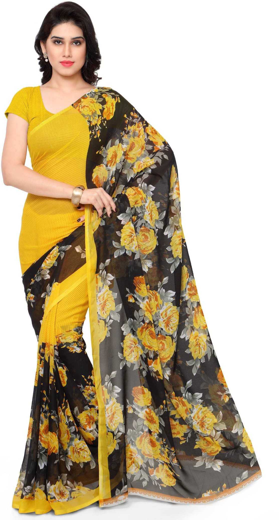ANAND SAREES Georgette Printed Saree With Unstitched Blouse Piece ( Yellow ) ANAND SAREES Georgette Printed Saree With Unstitched Blouse Piece ( Yellow )
