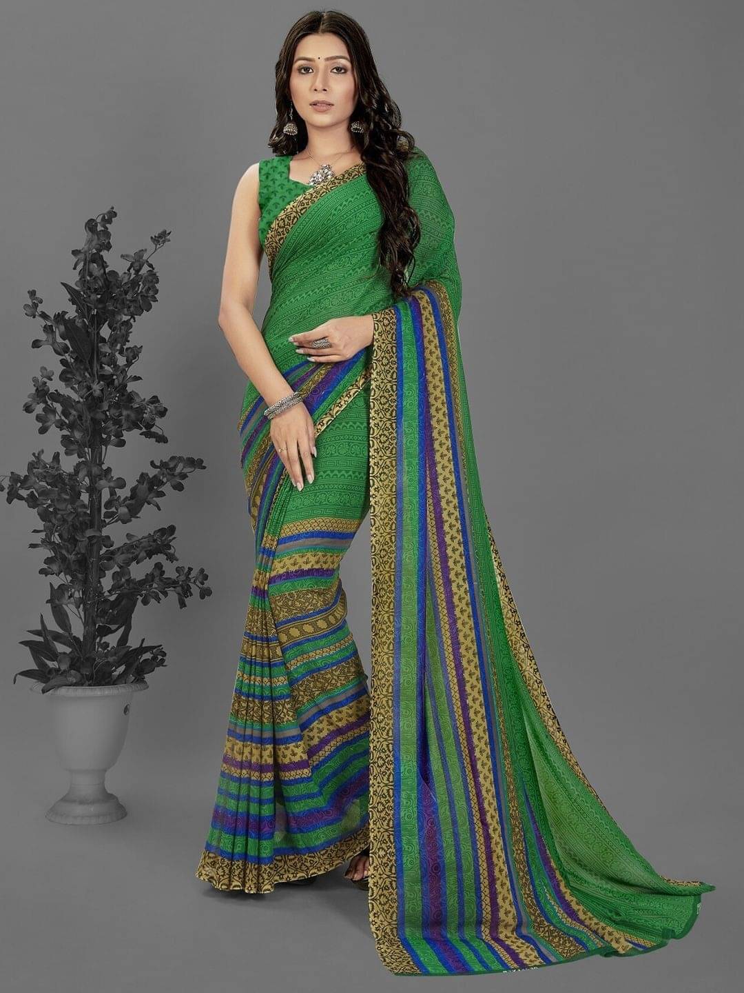     			ANAND SAREES Georgette Printed Saree With Unstitched Blouse Piece ( Green )