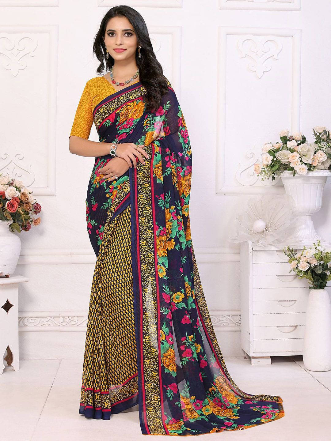 ANAND SAREES Georgette Printed Saree With Unstitched Blouse Piece ( Gold ) ANAND SAREES Georgette Printed Saree With Unstitched Blouse Piece ( Gold )