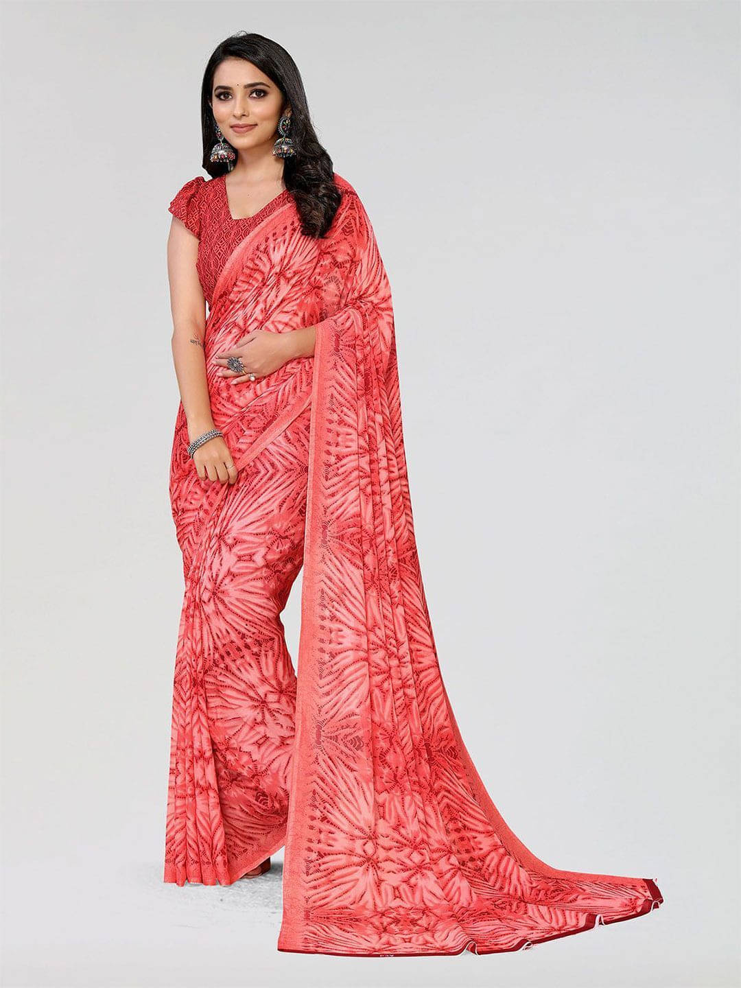 ANAND SAREES Georgette Printed Saree With Unstitched Blouse Piece ( Red ) ANAND SAREES Georgette Printed Saree With Unstitched Blouse Piece ( Red )