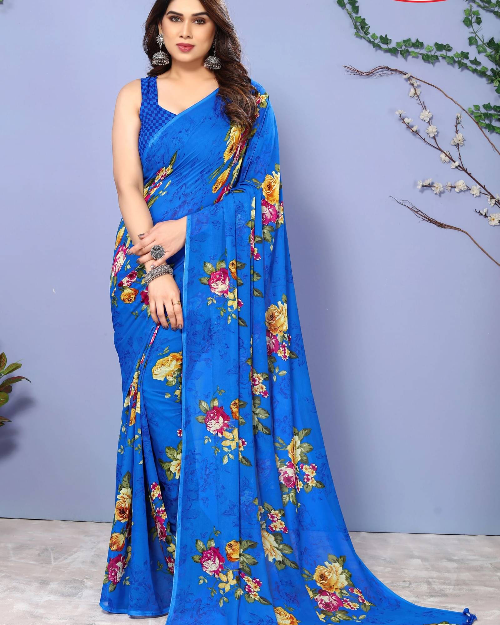ANAND SAREES Georgette Printed Saree With Unstitched Blouse Piece ( Blue ) ANAND SAREES Georgette Printed Saree With Unstitched Blouse Piece ( Blue )