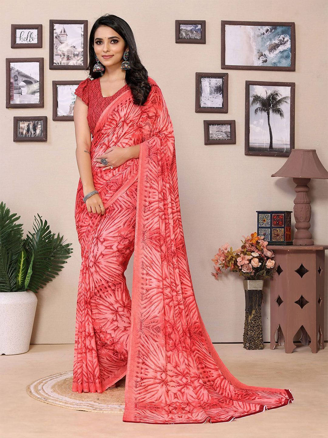     			ANAND SAREES Georgette Printed Saree With Unstitched Blouse Piece ( Red )