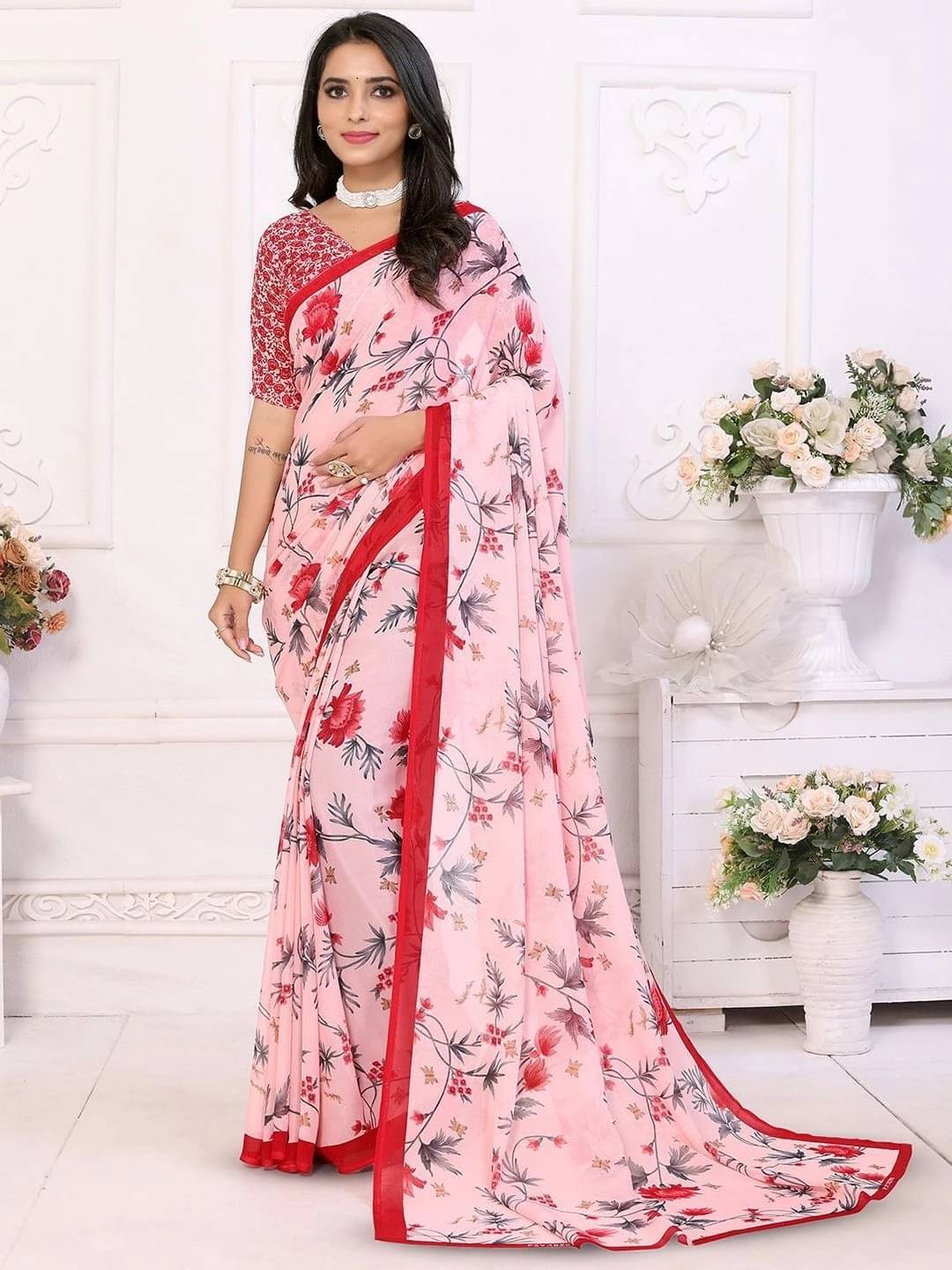 ANAND SAREES Georgette Printed Saree With Unstitched Blouse Piece ( Pink ) ANAND SAREES Georgette Printed Saree With Unstitched Blouse Piece ( Pink )