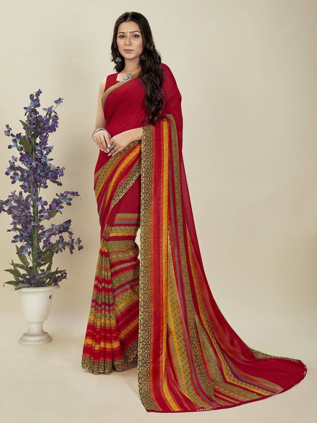 ANAND SAREES Georgette Printed Saree With Unstitched Blouse Piece ( Red ) ANAND SAREES Georgette Printed Saree With Unstitched Blouse Piece ( Red )