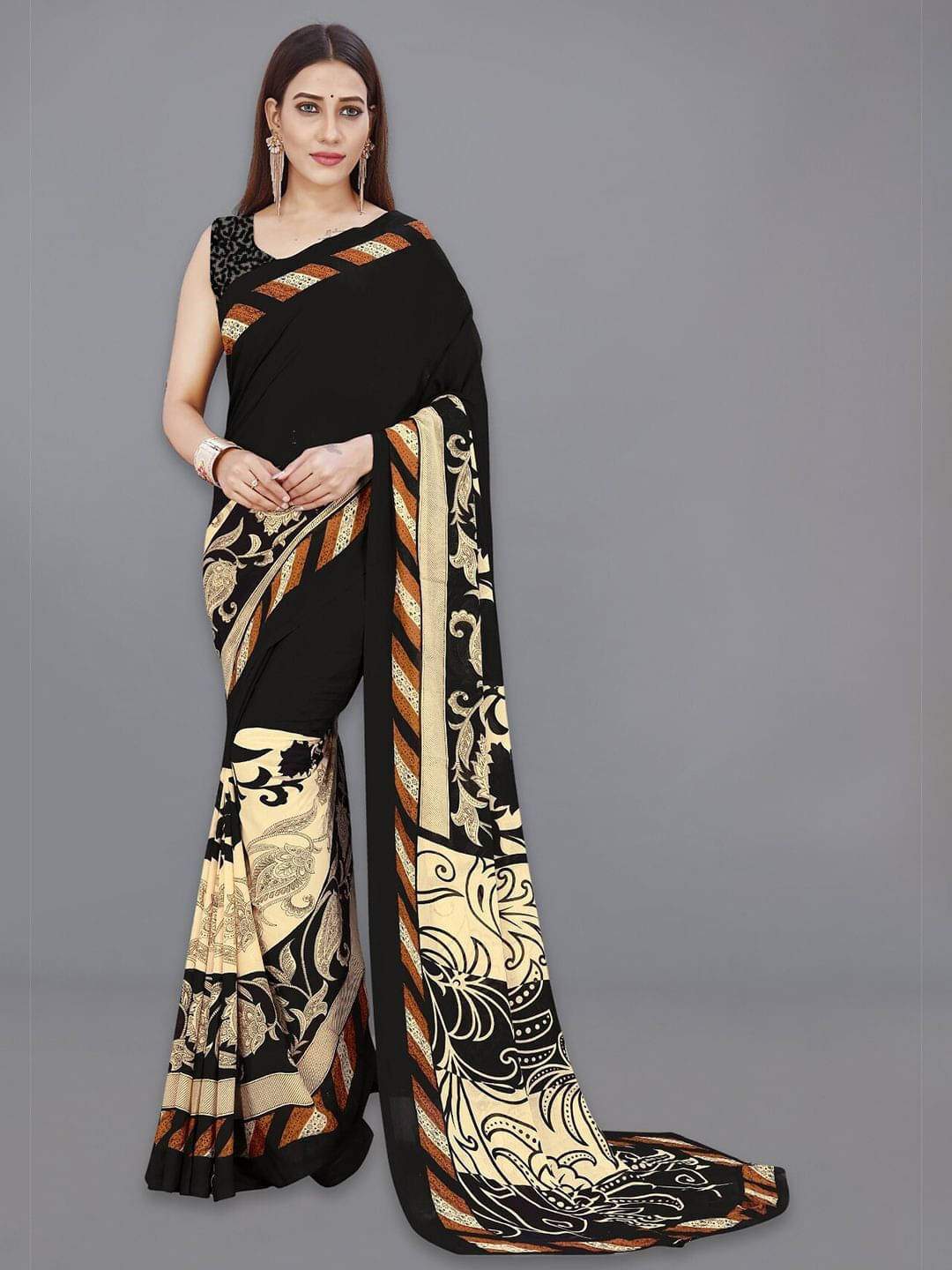 ANAND SAREES Georgette Printed Saree With Unstitched Blouse Piece ( Black ) ANAND SAREES Georgette Printed Saree With Unstitched Blouse Piece ( Black )