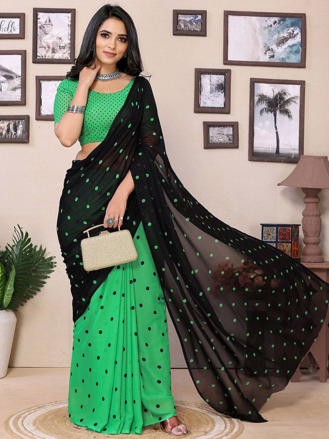 ANAND SAREES Georgette Printed Saree With Unstitched Blouse Piece ( Green ) ANAND SAREES Georgette Printed Saree With Unstitched Blouse Piece ( Green )