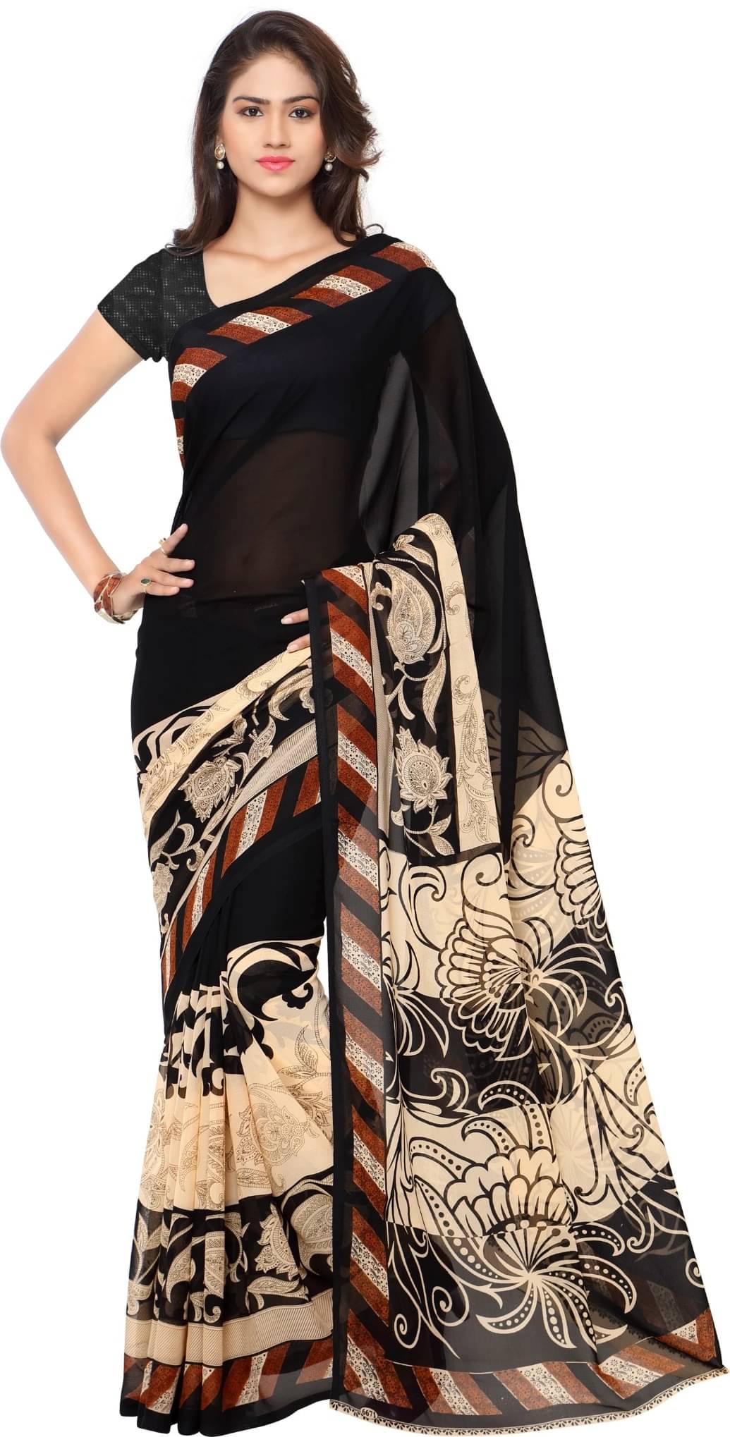 ANAND SAREES Georgette Printed Saree With Unstitched Blouse Piece ( Black ) ANAND SAREES Georgette Printed Saree With Unstitched Blouse Piece ( Black )