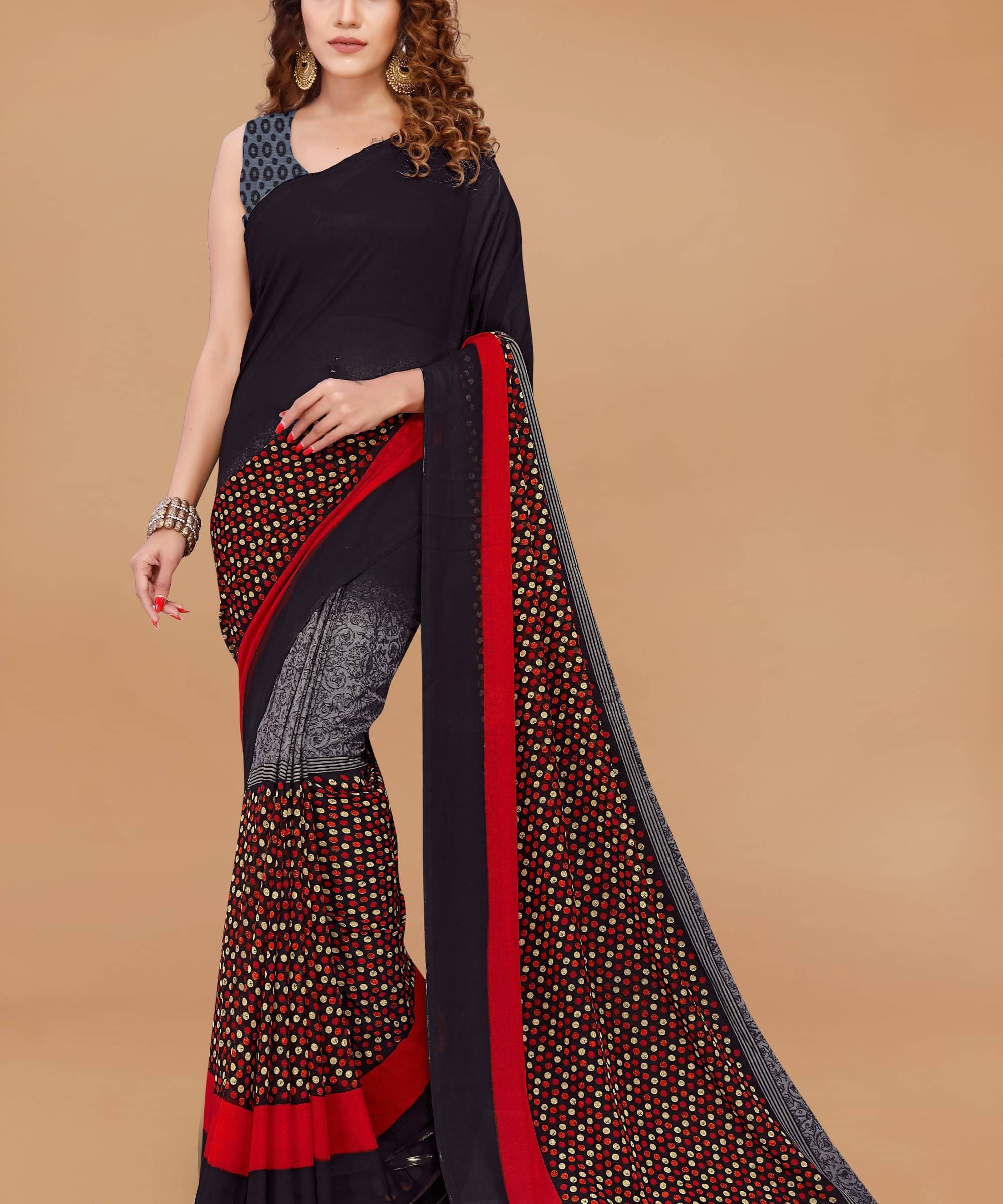 ANAND SAREES Georgette Printed Saree With Unstitched Blouse Piece ( Black ) ANAND SAREES Georgette Printed Saree With Unstitched Blouse Piece ( Black )
