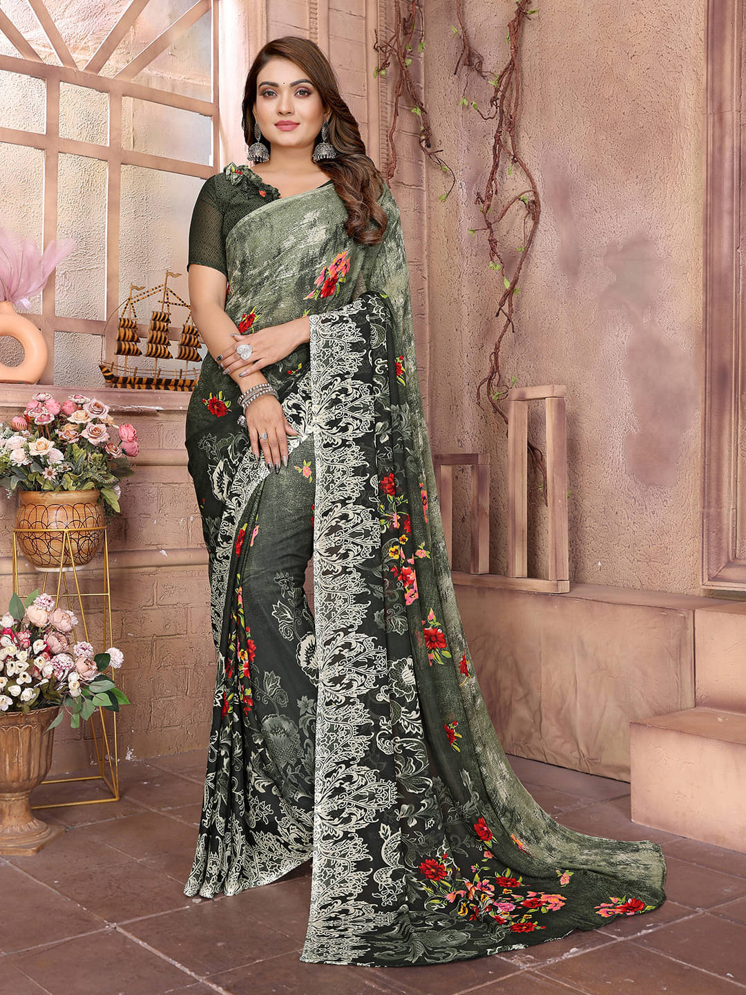     			ANAND SAREES Georgette Printed Saree With Unstitched Blouse Piece ( Green )