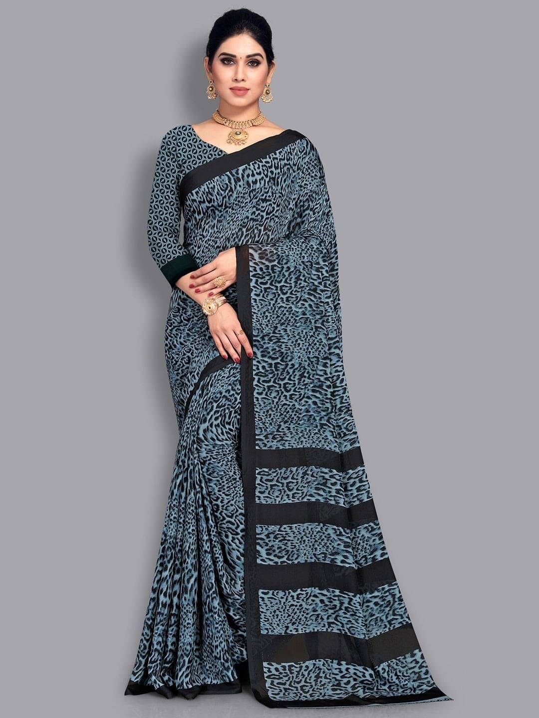 ANAND SAREES Georgette Printed Saree With Unstitched Blouse Piece ( Blue ) ANAND SAREES Georgette Printed Saree With Unstitched Blouse Piece ( Blue )