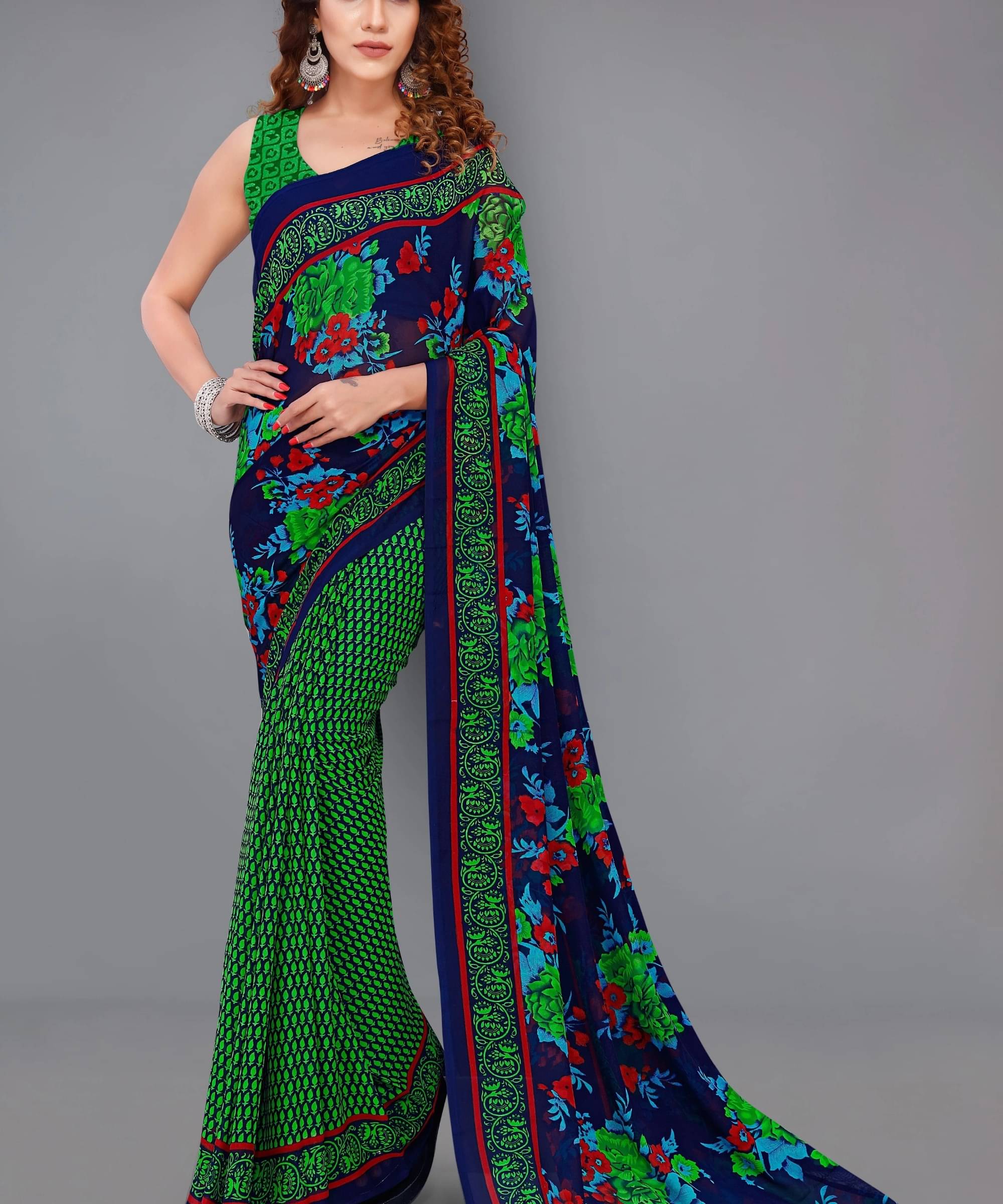 ANAND SAREES Georgette Printed Saree With Unstitched Blouse Piece ( Green ) ANAND SAREES Georgette Printed Saree With Unstitched Blouse Piece ( Green )