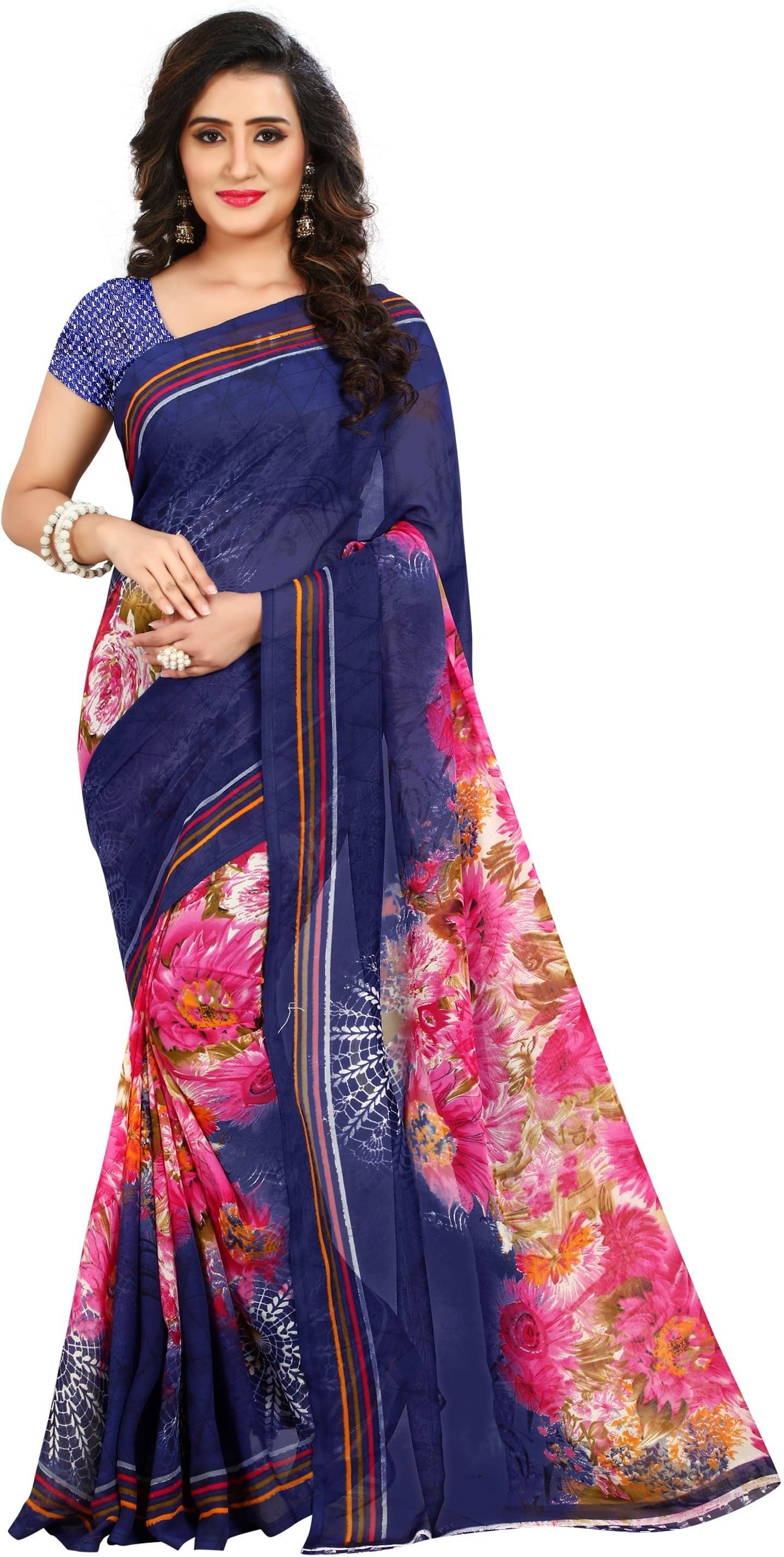 ANAND SAREES Georgette Printed Saree With Unstitched Blouse Piece ( Blue ) ANAND SAREES Georgette Printed Saree With Unstitched Blouse Piece ( Blue )