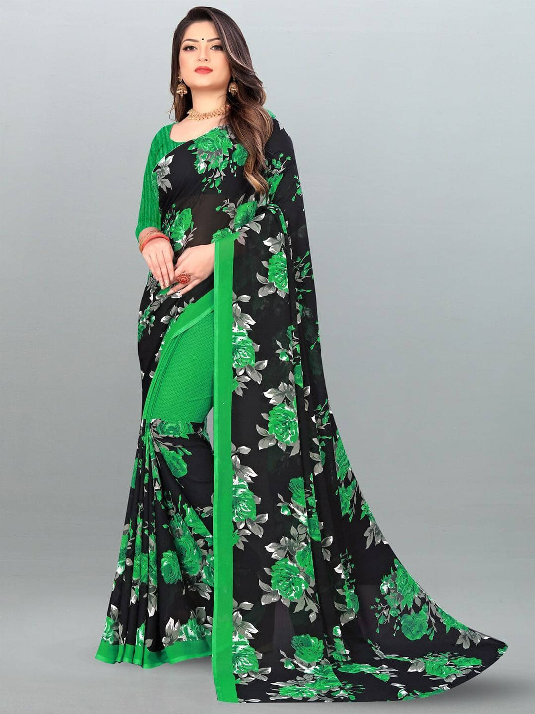     			ANAND SAREES Georgette Printed Saree With Unstitched Blouse Piece ( Green )