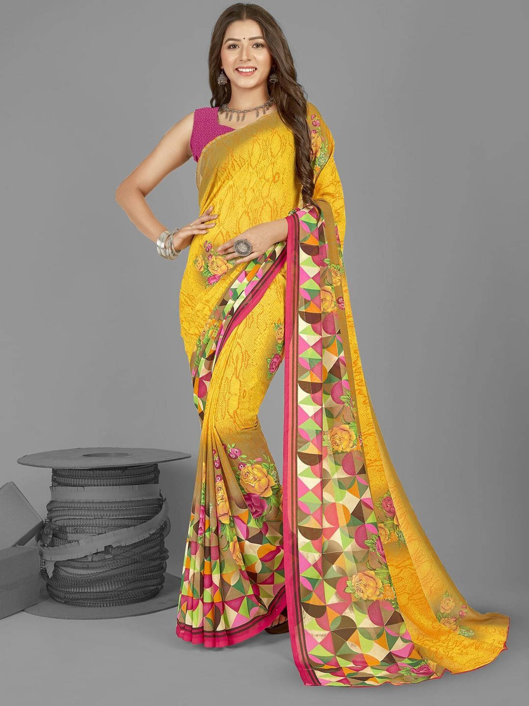 ANAND SAREES Georgette Printed Saree With Unstitched Blouse Piece ( Yellow ) ANAND SAREES Georgette Printed Saree With Unstitched Blouse Piece ( Yellow )