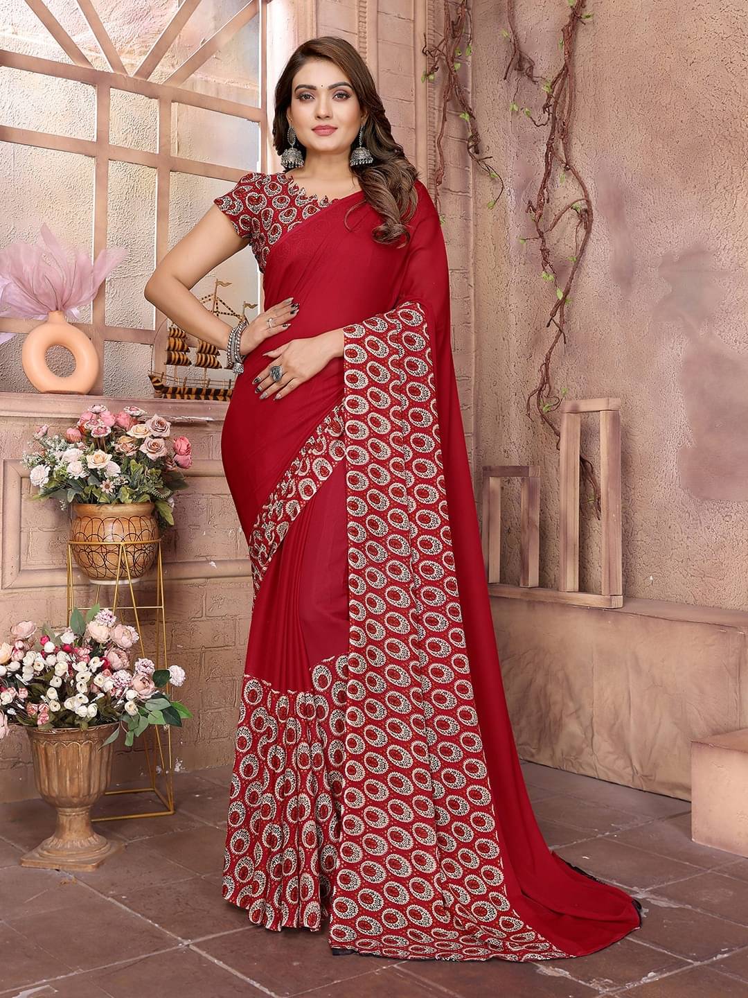     			ANAND SAREES Georgette Printed Saree With Unstitched Blouse Piece ( Red )