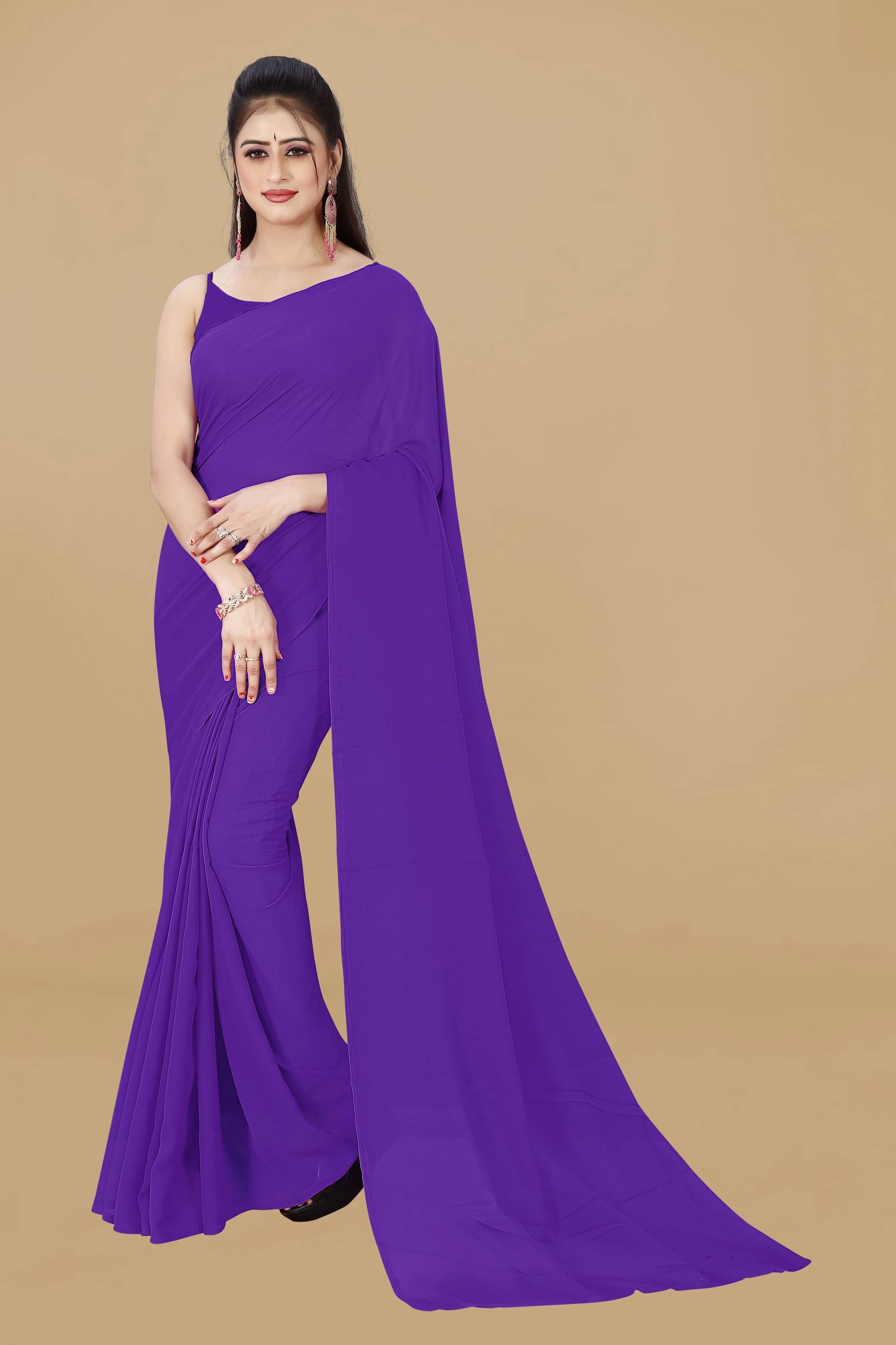 ANAND SAREES Georgette Solid Saree Without Blouse Piece ( Purple ) ANAND SAREES Georgette Solid Saree Without Blouse Piece ( Purple )