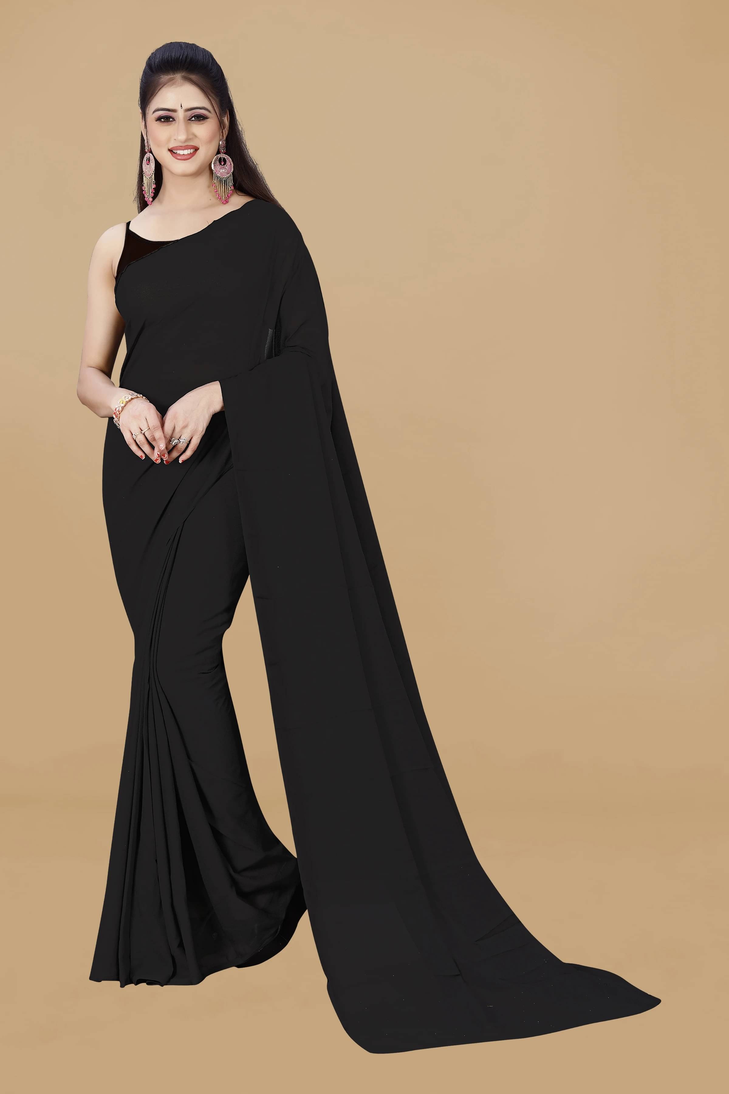 ANAND SAREES Georgette Solid Saree Without Blouse Piece ( Black ) ANAND SAREES Georgette Solid Saree Without Blouse Piece ( Black )