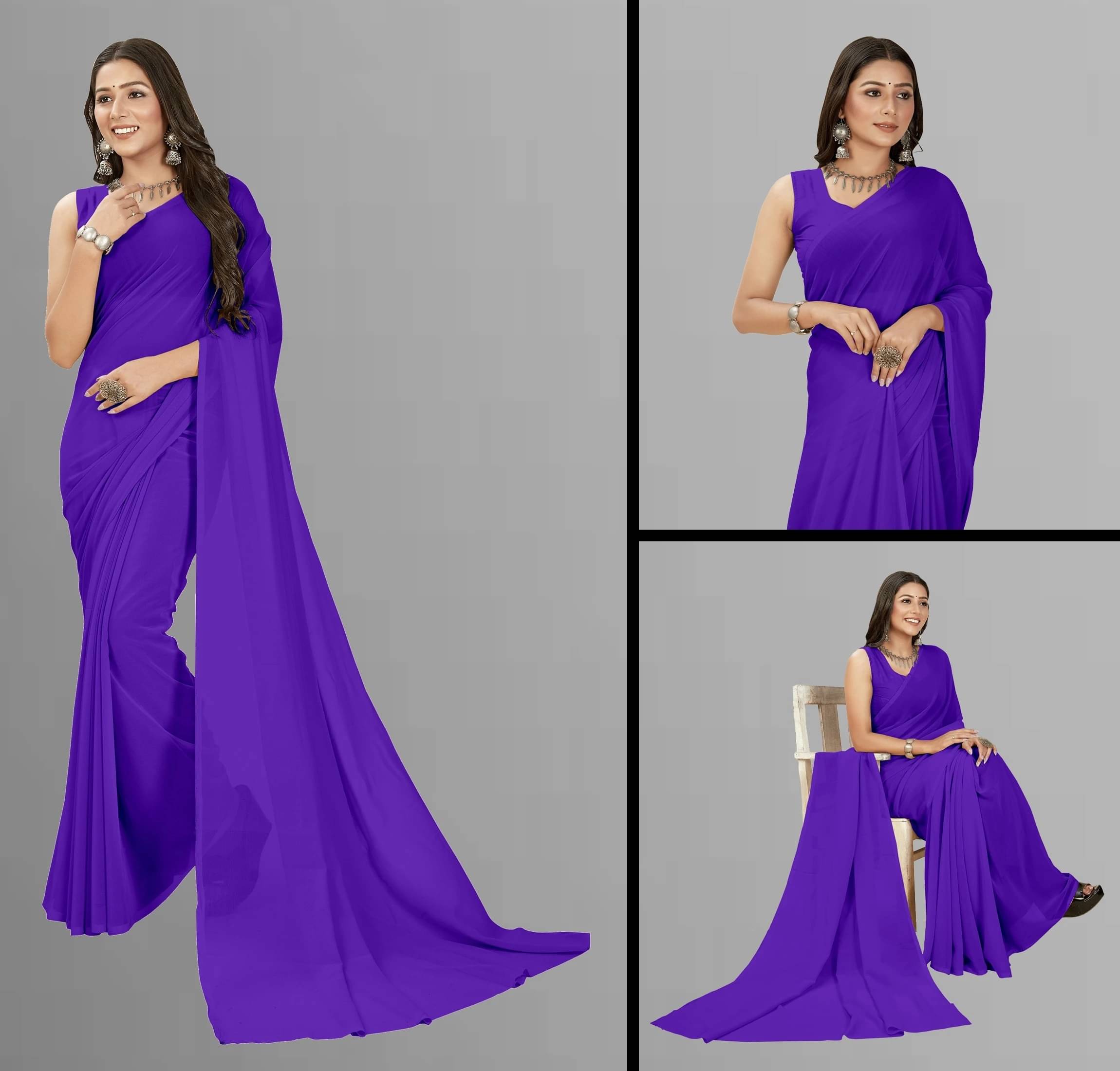 ANAND SAREES Georgette Solid Saree With Unstitched Blouse Piece ( Purple ) ANAND SAREES Georgette Solid Saree With Unstitched Blouse Piece ( Purple )