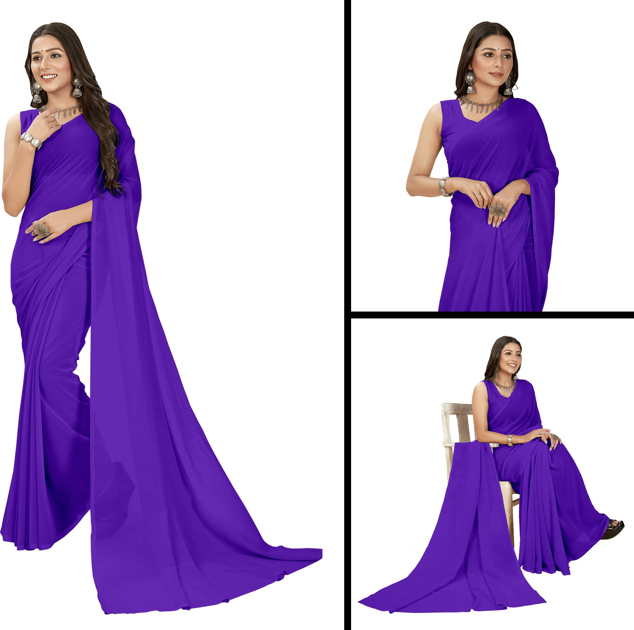     			ANAND SAREES Georgette Solid Saree With Unstitched Blouse Piece ( Purple )
