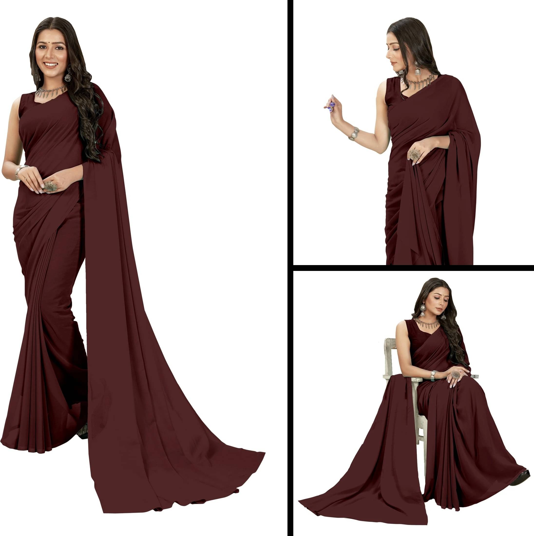 ANAND SAREES Georgette Solid Saree With Unstitched Blouse Piece ( Brown ) ANAND SAREES Georgette Solid Saree With Unstitched Blouse Piece ( Brown )