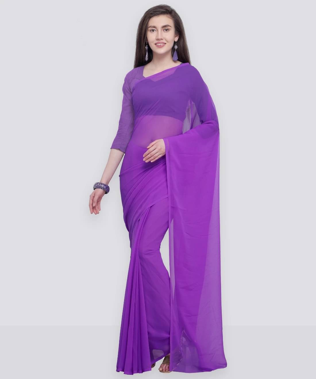 ANAND SAREES Georgette Solid Saree With Unstitched Blouse Piece ( Purple ) ANAND SAREES Georgette Solid Saree With Unstitched Blouse Piece ( Purple )