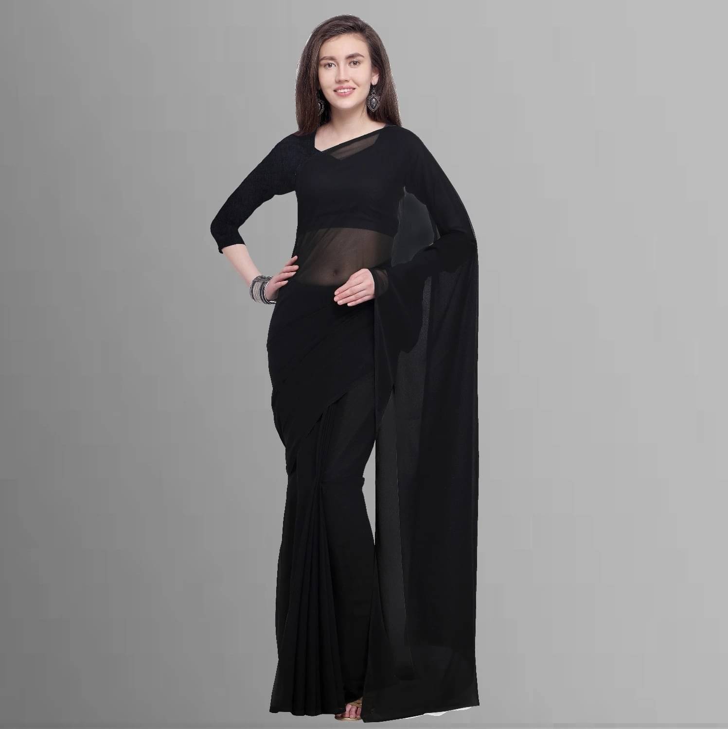     			ANAND SAREES Georgette Solid Saree With Unstitched Blouse Piece ( Black )