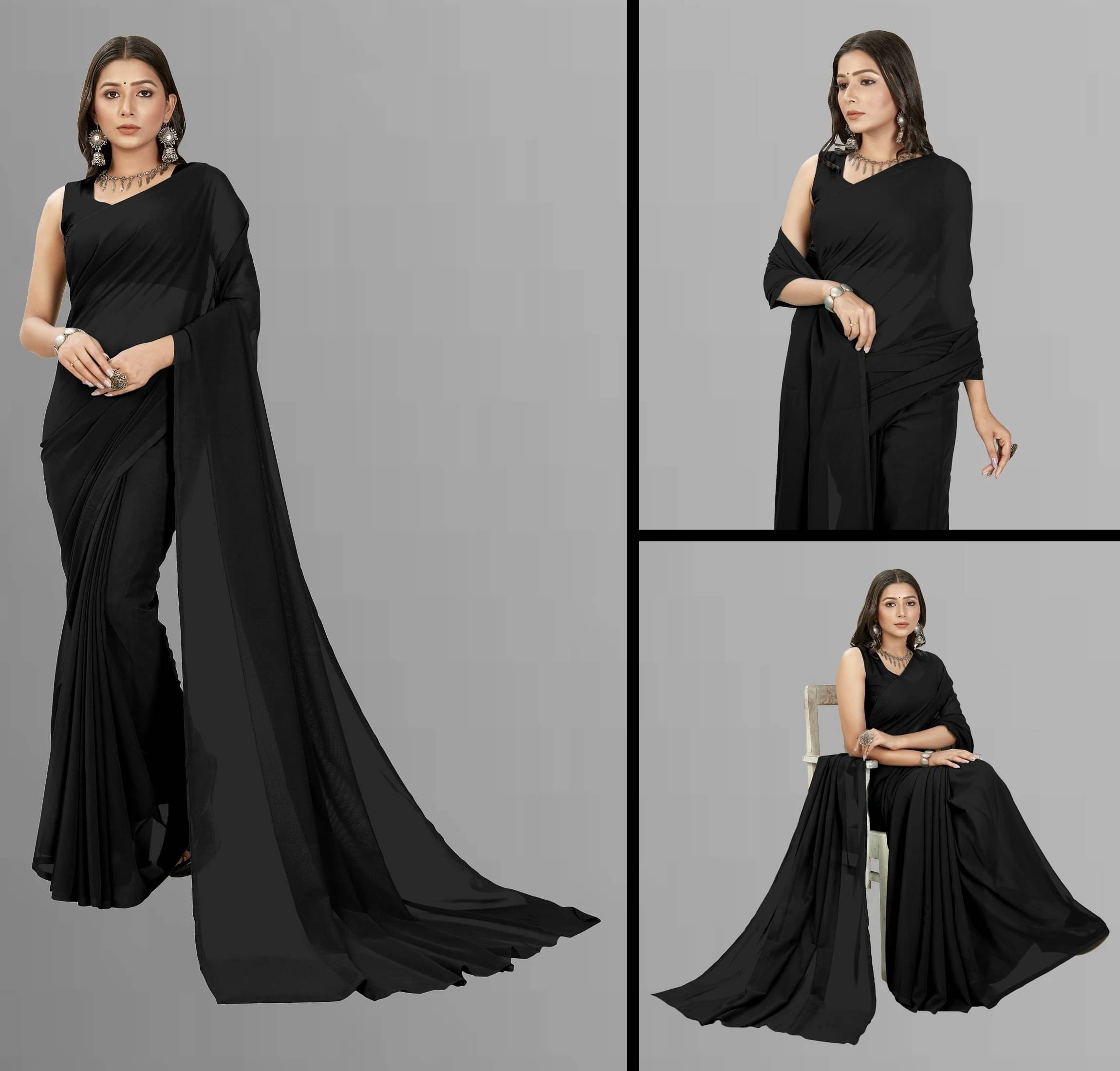 ANAND SAREES Georgette Solid Saree With Unstitched Blouse Piece ( Black ) ANAND SAREES Georgette Solid Saree With Unstitched Blouse Piece ( Black )