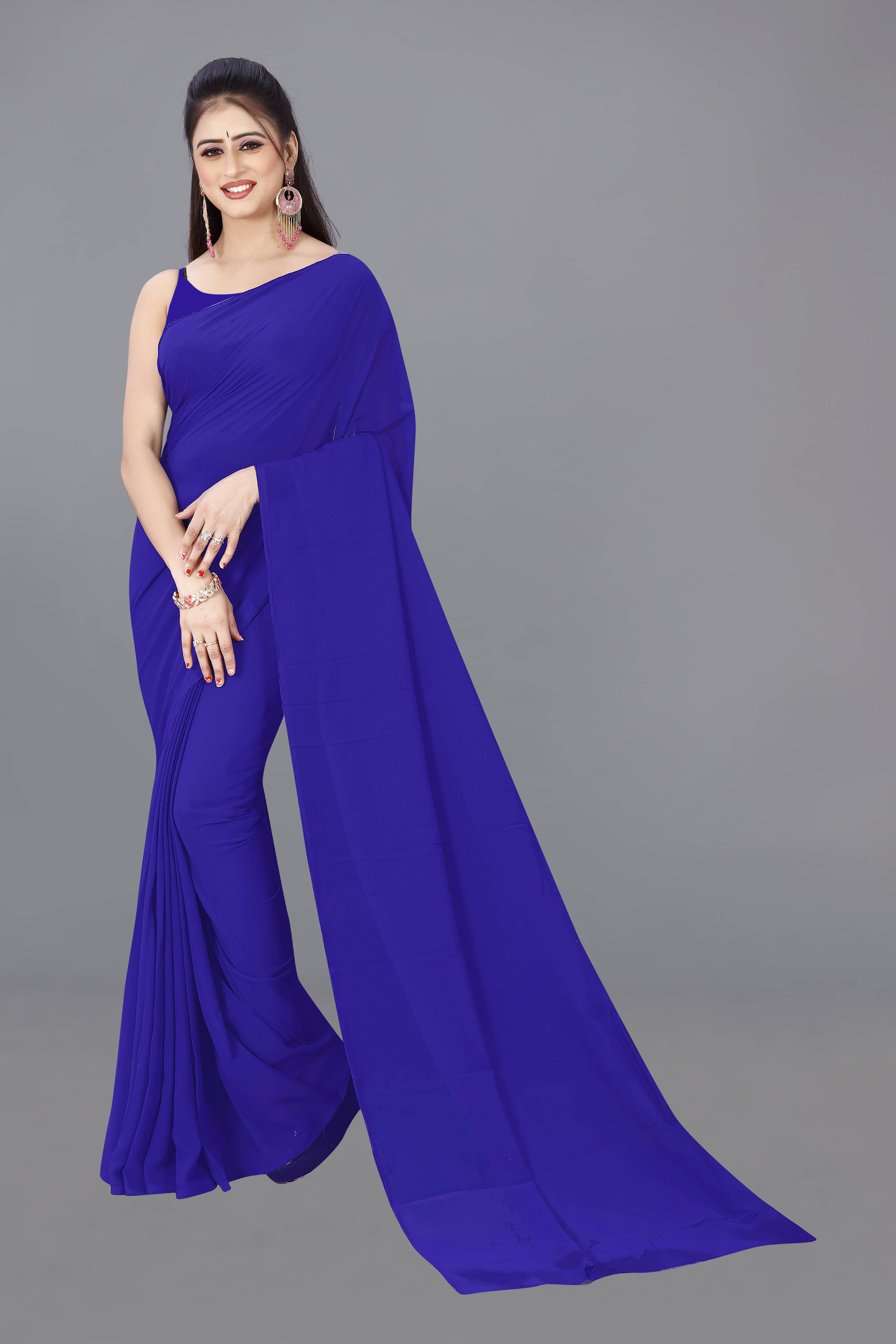 ANAND SAREES Georgette Solid Saree Without Blouse Piece ( Navy Blue ) ANAND SAREES Georgette Solid Saree Without Blouse Piece ( Navy Blue )