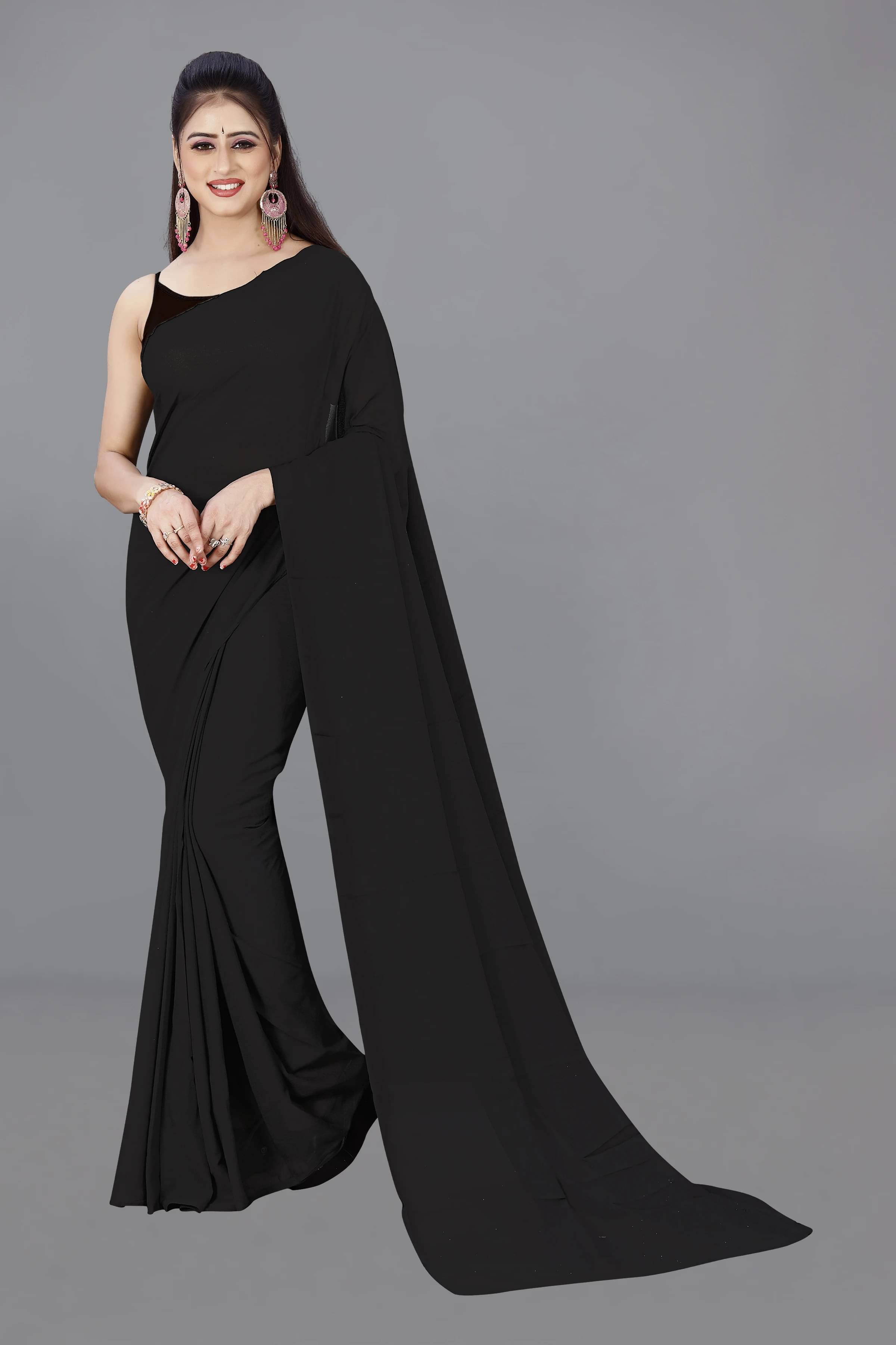 ANAND SAREES Georgette Solid Saree Without Blouse Piece ( Black ) ANAND SAREES Georgette Solid Saree Without Blouse Piece ( Black )