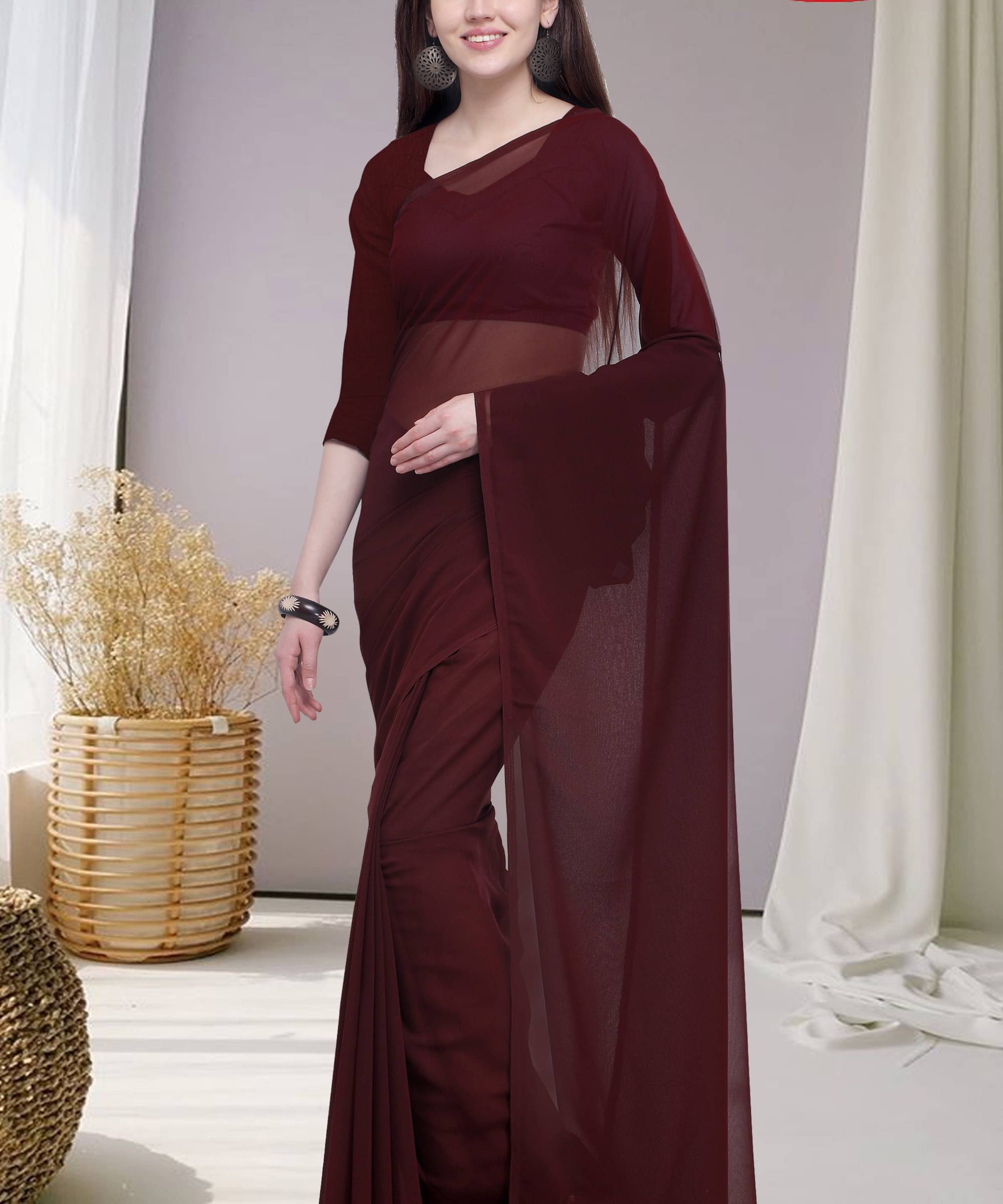 ANAND SAREES Georgette Solid Saree With Unstitched Blouse Piece ( Brown ) ANAND SAREES Georgette Solid Saree With Unstitched Blouse Piece ( Brown )