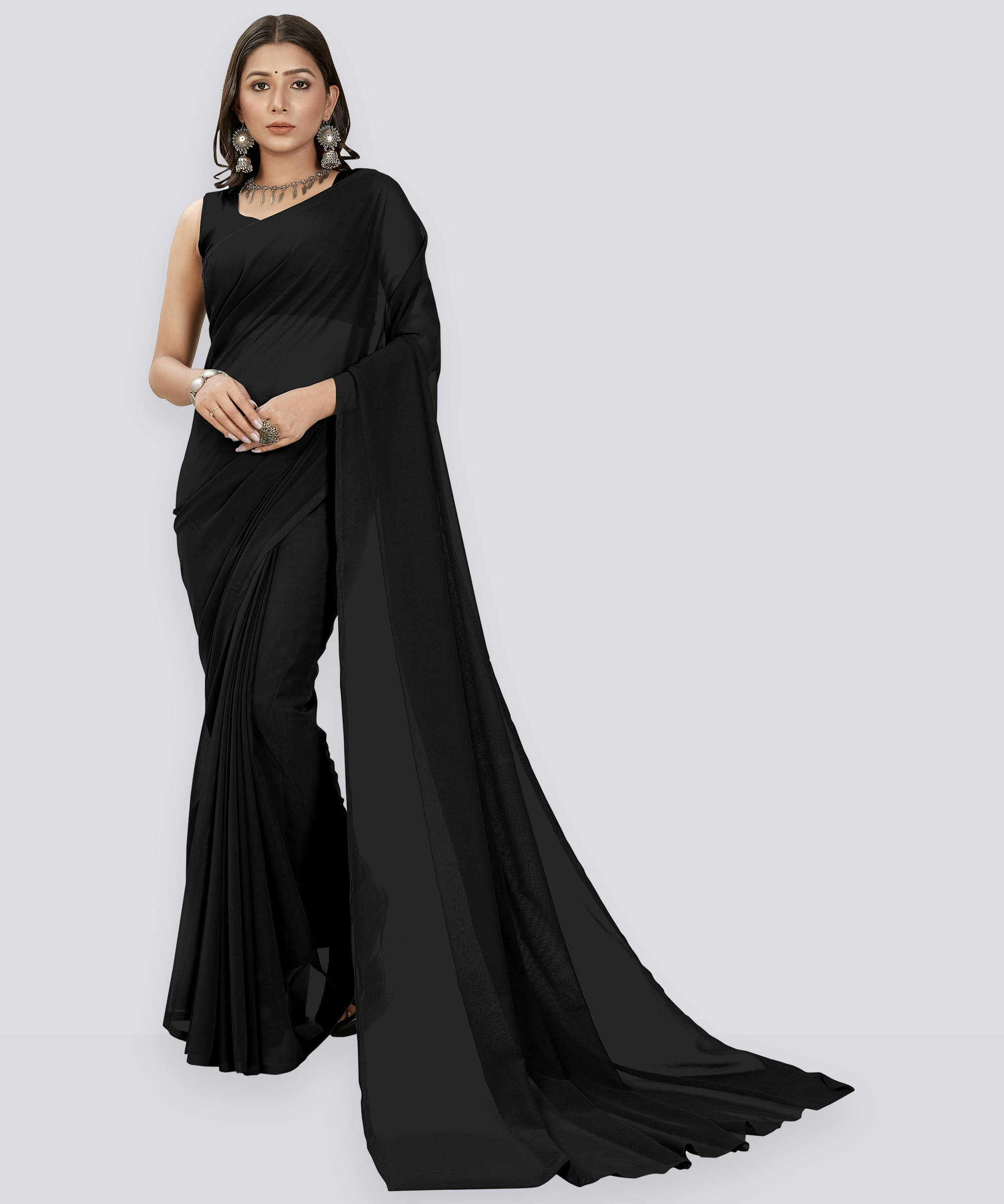 ANAND SAREES Georgette Solid Saree With Unstitched Blouse Piece ( Purple ) ANAND SAREES Georgette Solid Saree With Unstitched Blouse Piece ( Purple )