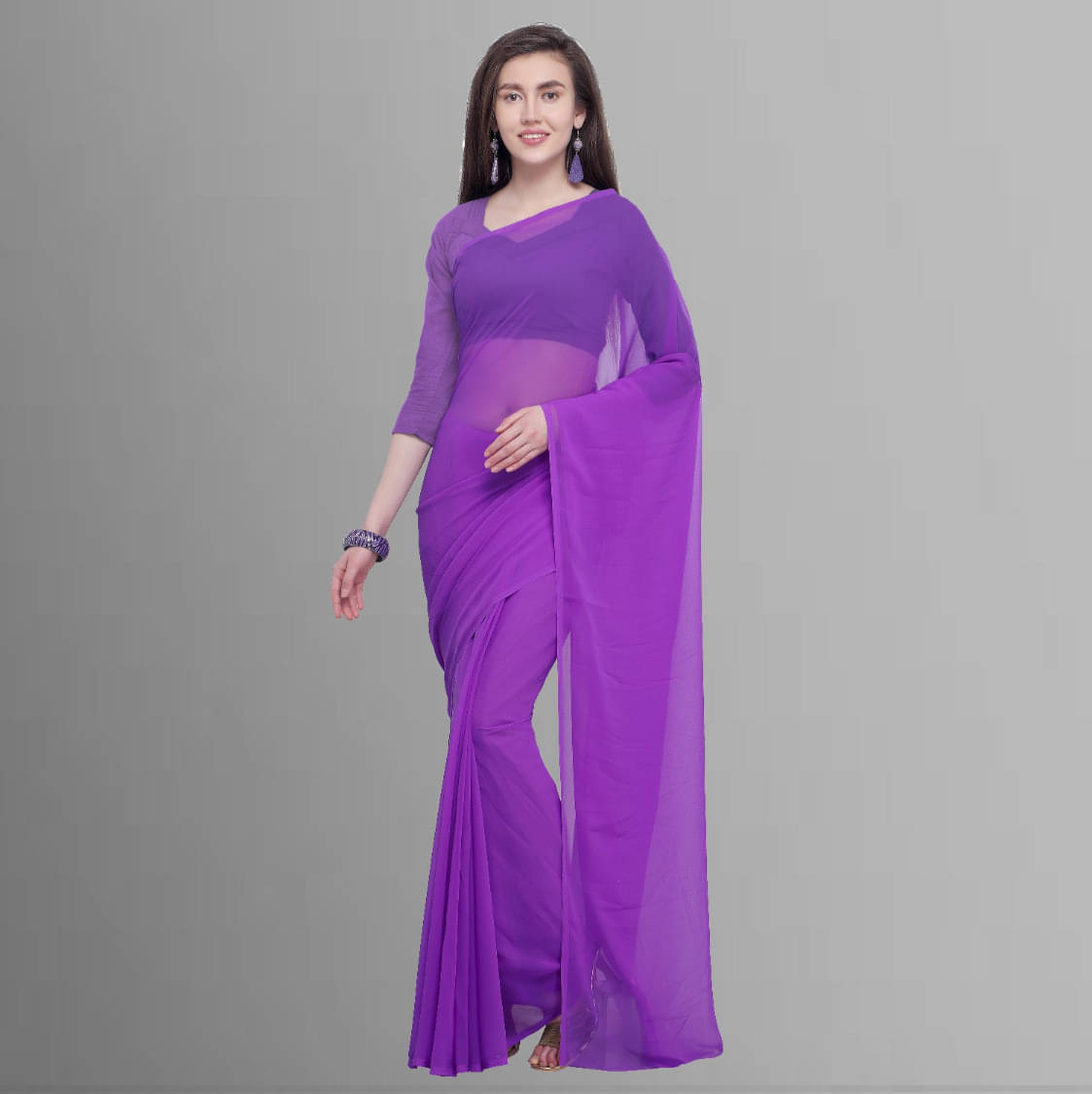 ANAND SAREES Georgette Solid Saree With Unstitched Blouse Piece ( Purple ) ANAND SAREES Georgette Solid Saree With Unstitched Blouse Piece ( Purple )
