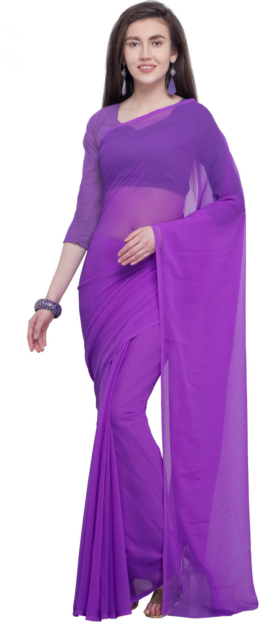 ANAND SAREES Georgette Solid Saree With Unstitched Blouse Piece ( Purple ) ANAND SAREES Georgette Solid Saree With Unstitched Blouse Piece ( Purple )