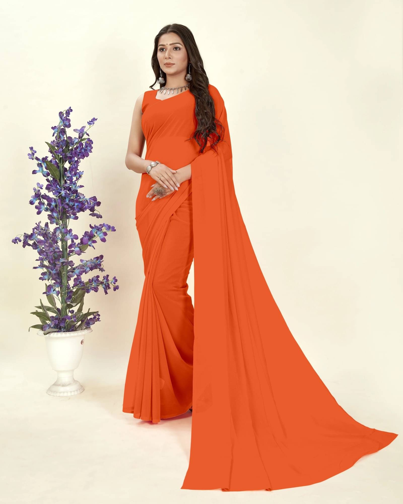     			ANAND SAREES Georgette Solid Saree With Unstitched Blouse Piece ( Orange )