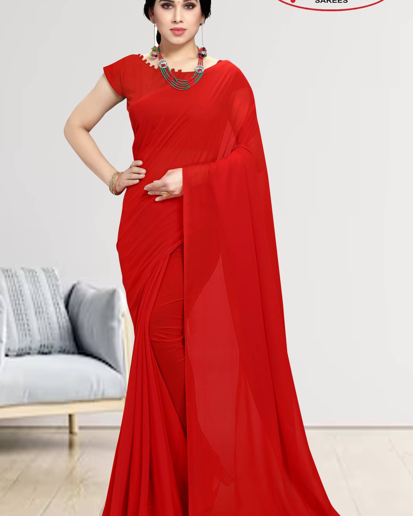 ANAND SAREES Georgette Solid Saree With Unstitched Blouse Piece ( Red ) ANAND SAREES Georgette Solid Saree With Unstitched Blouse Piece ( Red )