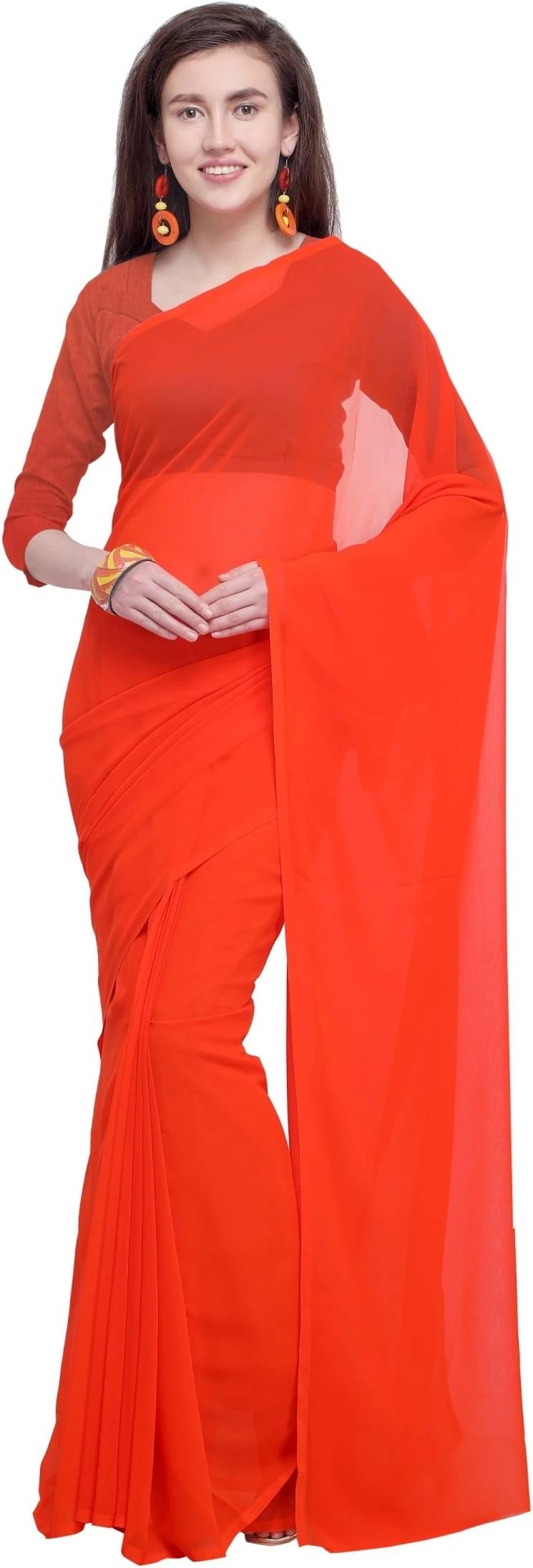 ANAND SAREES Georgette Solid Saree With Unstitched Blouse Piece ( Orange ) ANAND SAREES Georgette Solid Saree With Unstitched Blouse Piece ( Orange )